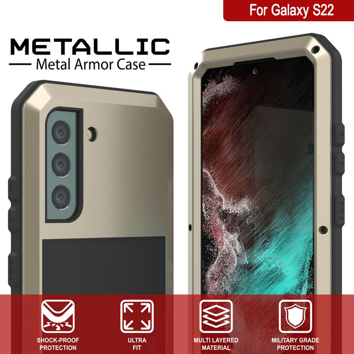 Galaxy S22 Metal Case, Heavy Duty Military Grade Rugged Armor Cover [Gold] (Color in image: Neon)
