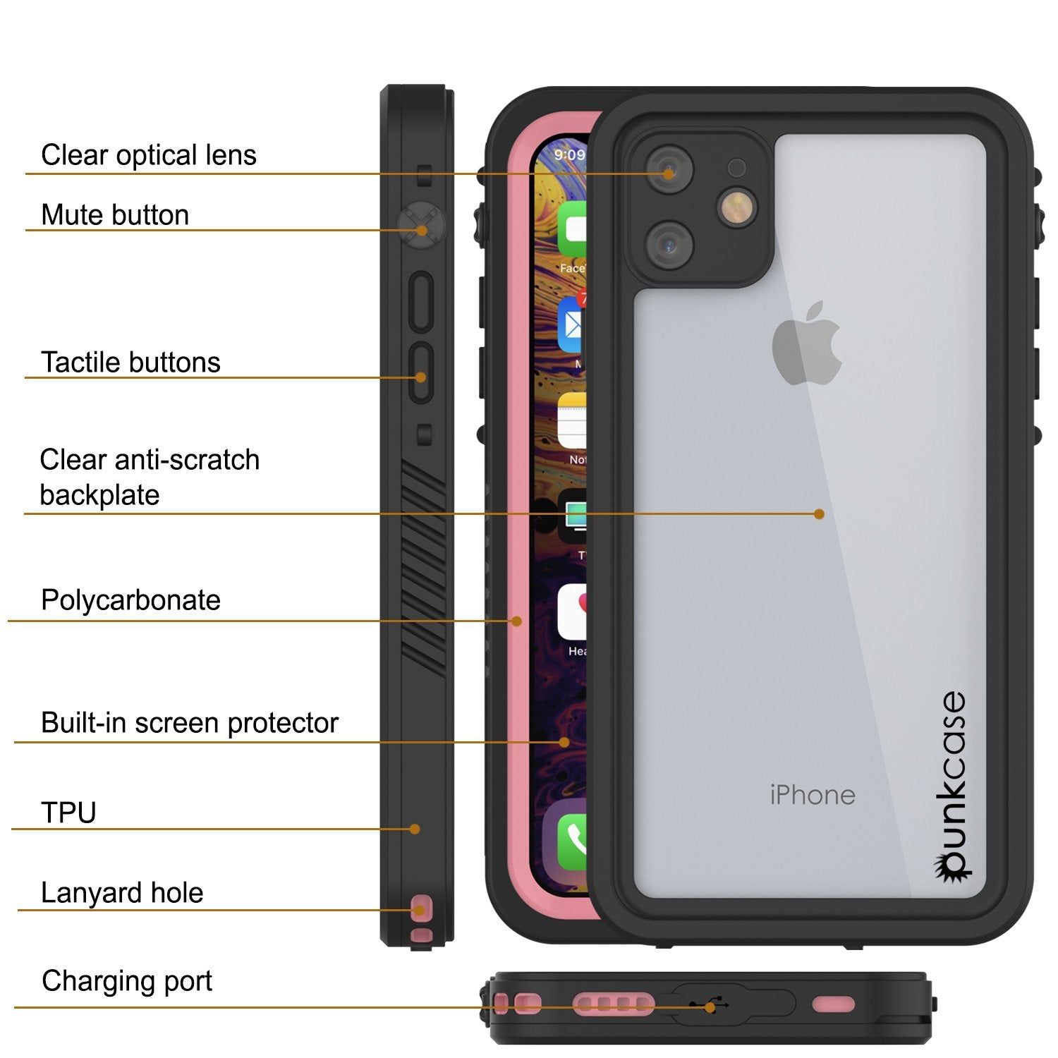 iPhone 11 Waterproof Case, Punkcase [Extreme Series] Armor Cover W/ Built In Screen Protector [Pink] (Color in image: Black)