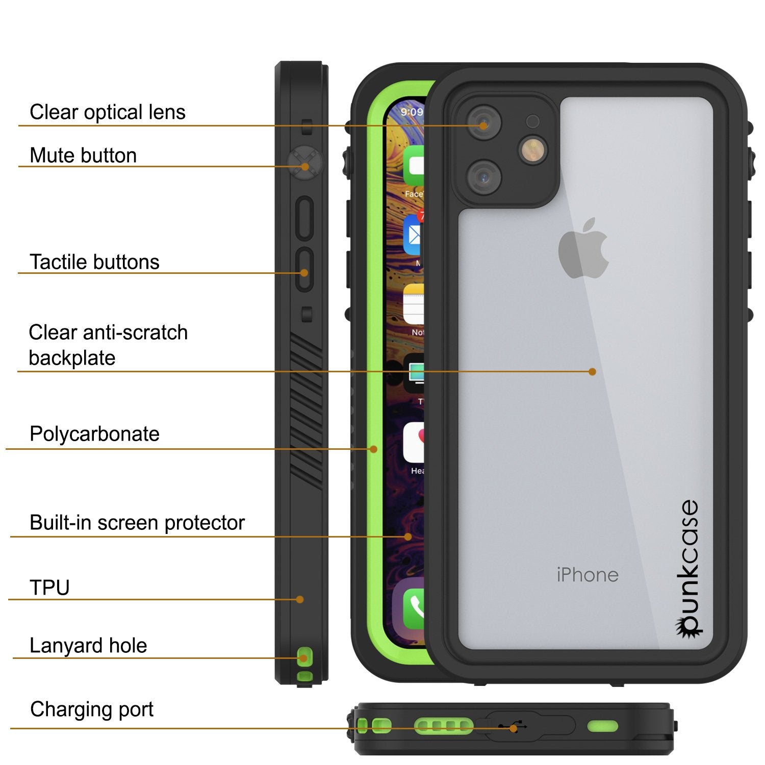 iPhone 11 Waterproof Case, Punkcase [Extreme Series] Armor Cover W/ Built In Screen Protector [Light Green] (Color in image: White)