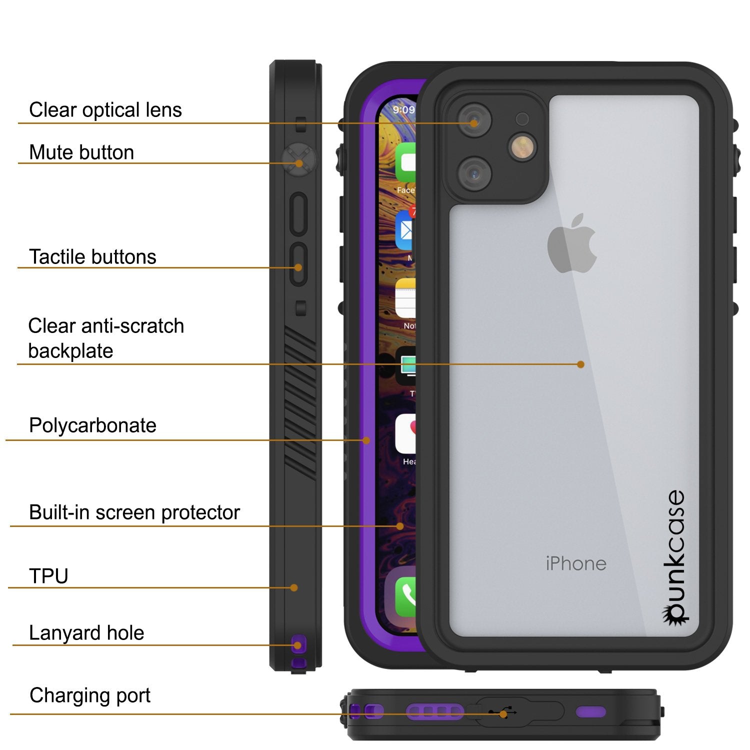 iPhone 11 Waterproof Case, Punkcase [Extreme Series] Armor Cover W/ Built In Screen Protector [Purple] (Color in image: Light Blue)