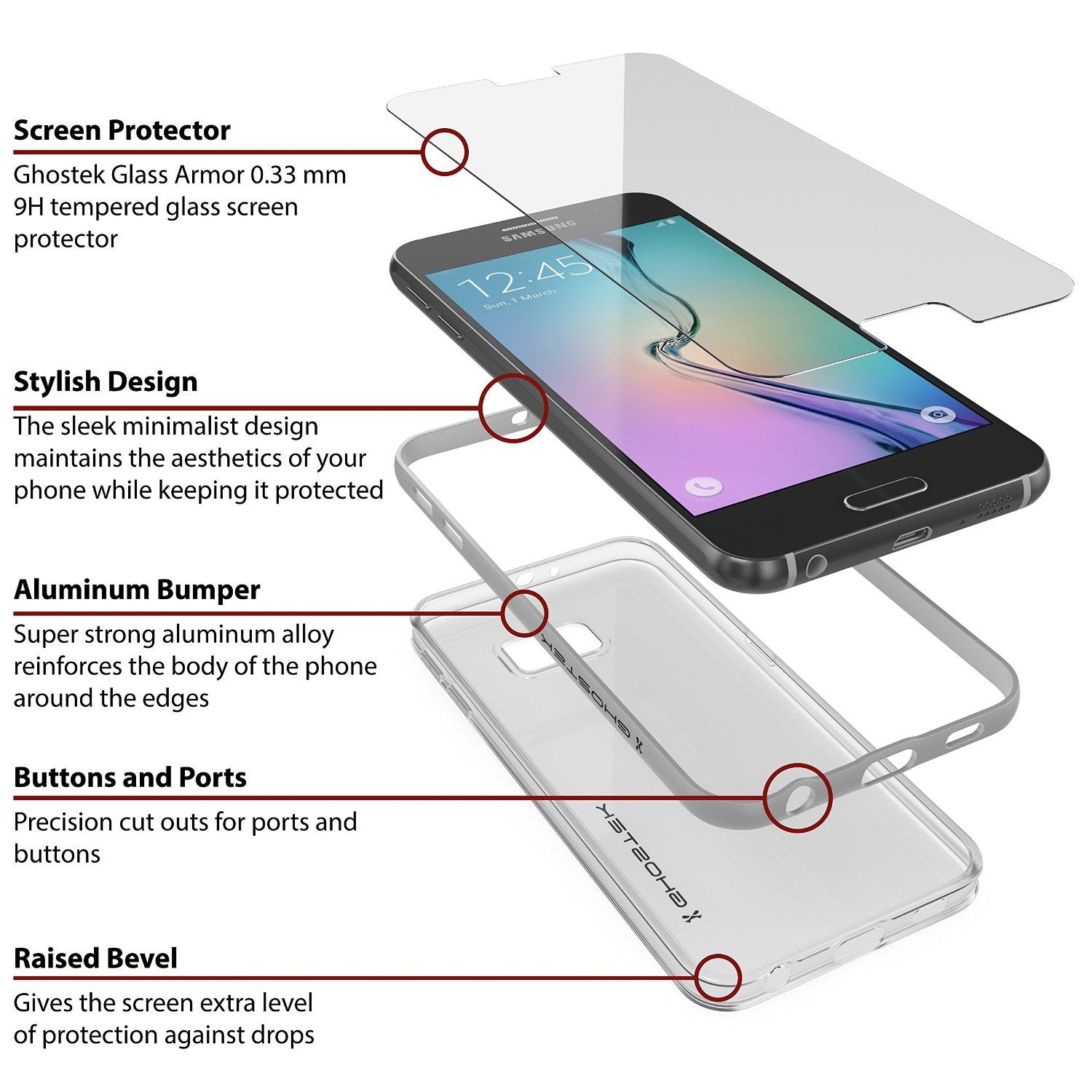 Galaxy S6 Case, Ghostek Cloak Series Silver  Slim Premium Protective Hybrid Impact Glass Armor (Color in image: red)