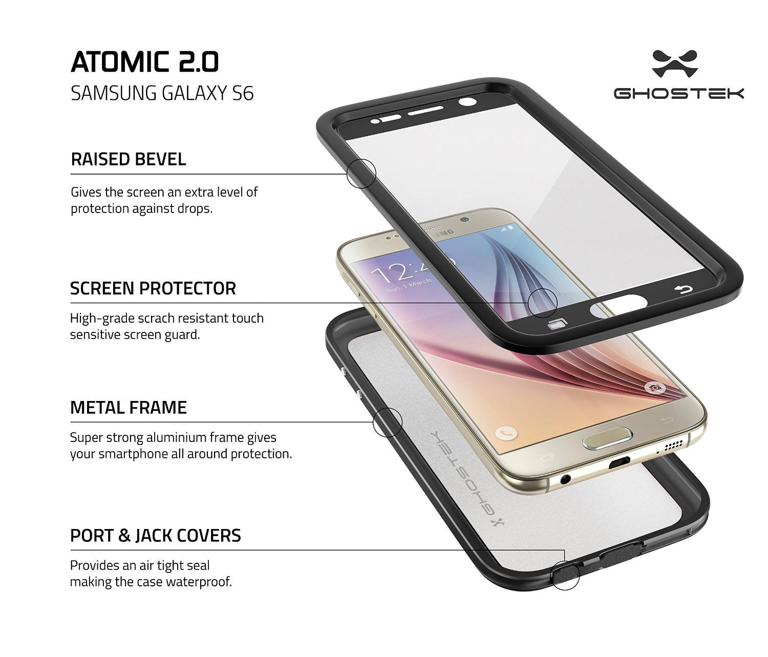 Galaxy S6 Waterproof Case, Ghostek Atomic 2.0 Black  Water/Shock/Dirt/Snow Proof | Lifetime Warranty (Color in image: Silver)