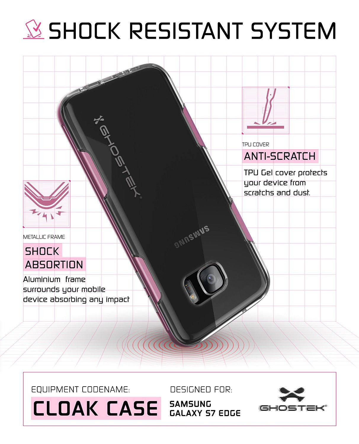S7 Edge Case Ghostek® Cloak Pink Series Slim | Aluminum Frame Lifetime Warranty Exchange (Color in image: Gold)