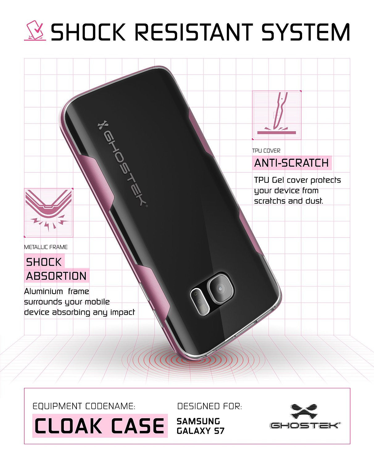 Galaxy S7 Case, Ghostek Cloak Series Pink  Slim Premium Protective Hybrid Impact Glass Armor (Color in image: silver)