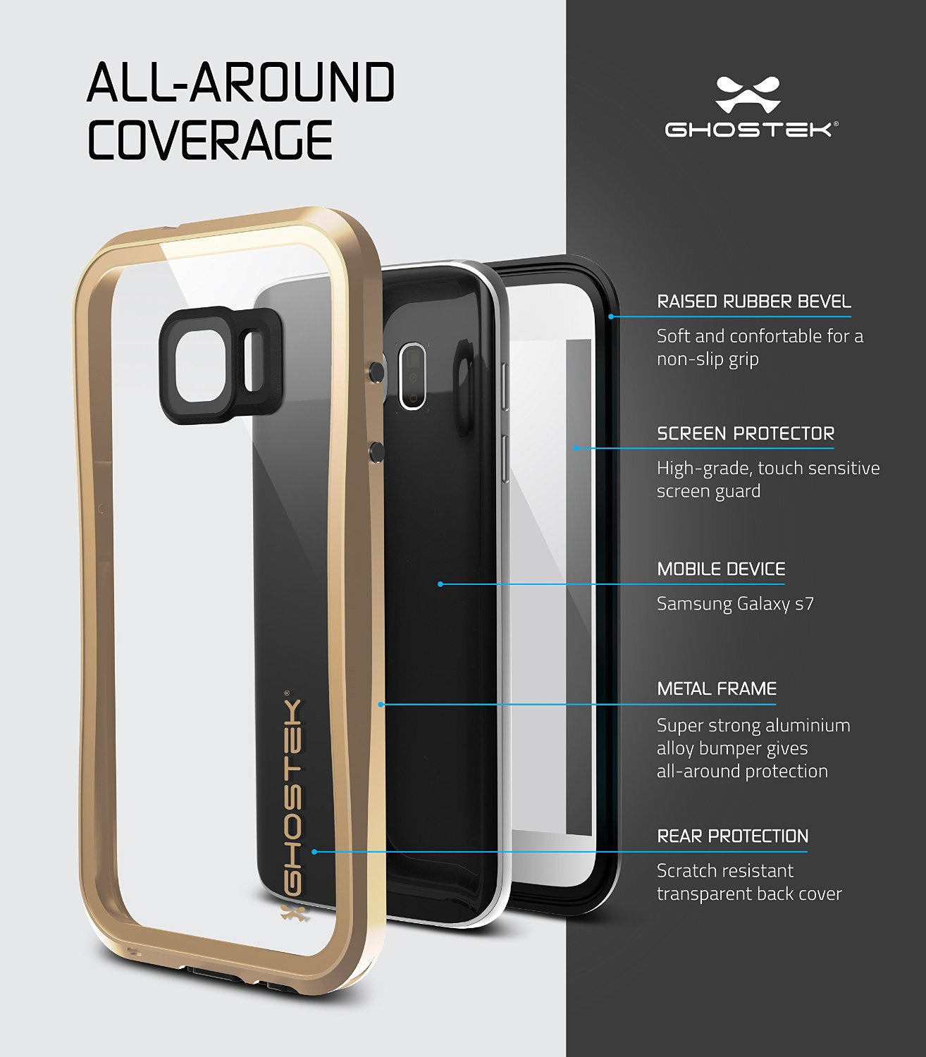 Galaxy S7 Waterproof Case, Ghostek Atomic 2.0 Gold  Water/Shock/Dirt/Snow Proof | Lifetime Warranty (Color in image: Black)