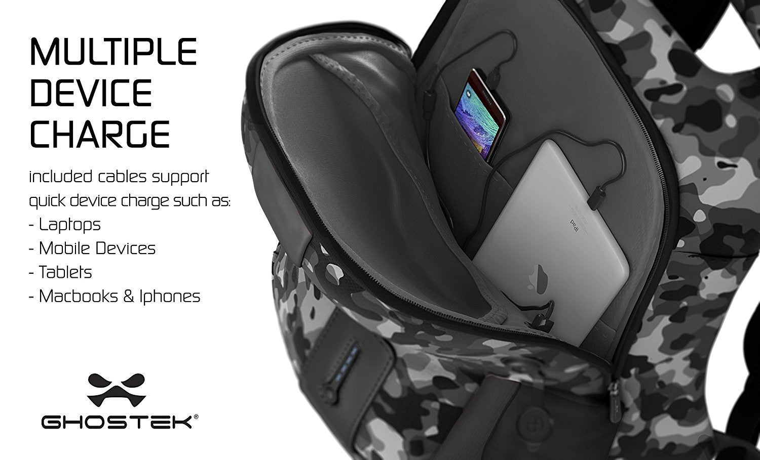 Ghostek NRGbag Gray Camo Series Computer Laptop Messenger Backpack Book Bag + Battery Power Bank | Water Resistant | 7000mAh (Color in image: Blue)