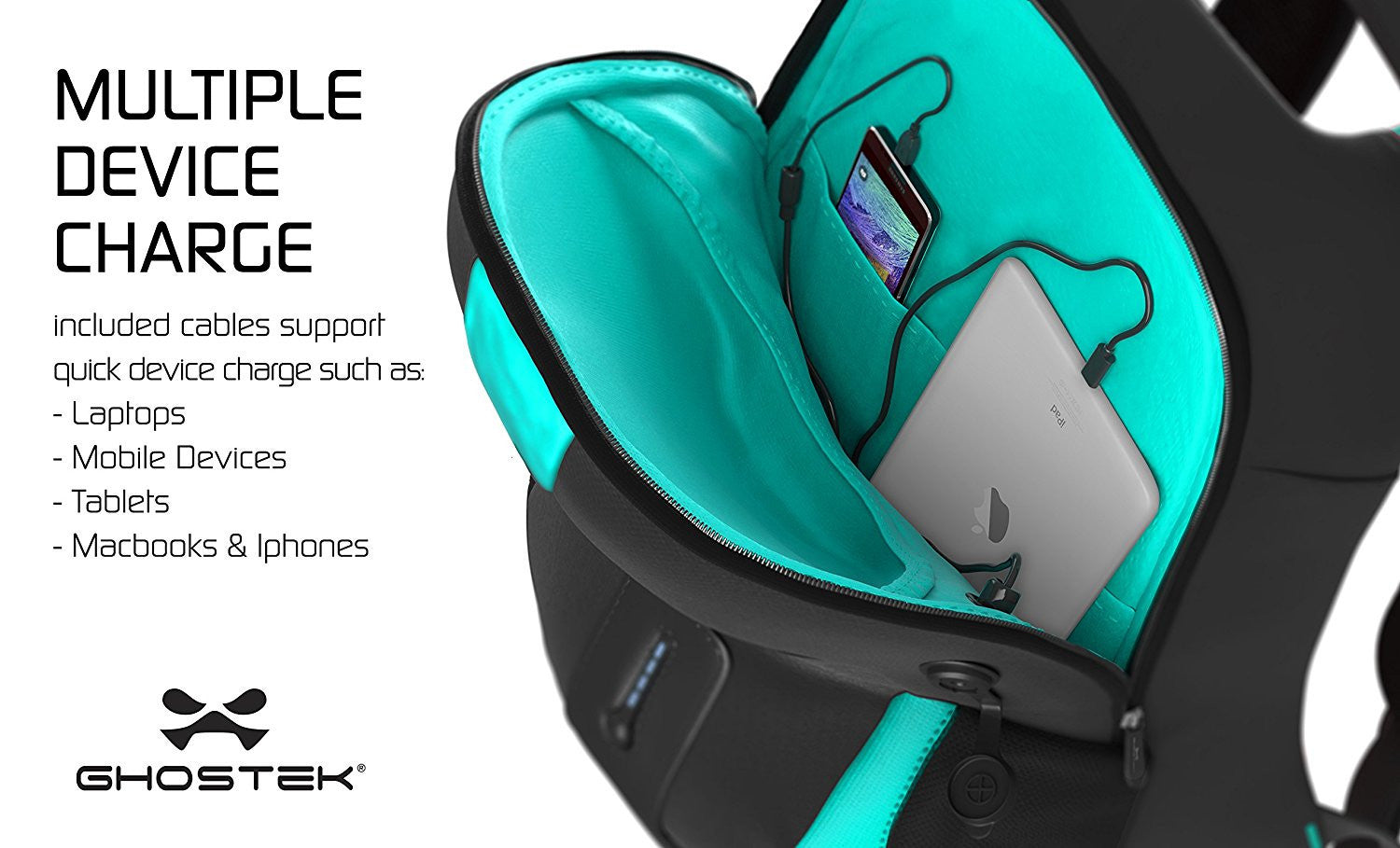 Ghostek NRGbag Teal Series Computer Laptop Messenger Backpack Book Bag + Battery Power Bank | Water Resistant | 7000mAh (Color in image: Blue)