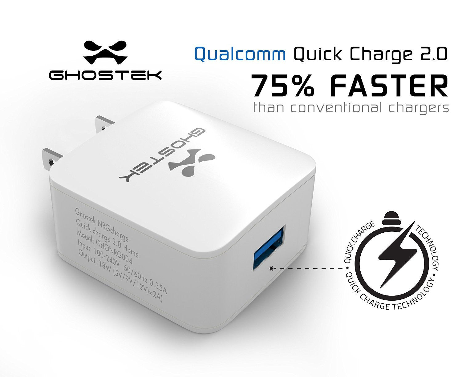 Ghostek® NRGcharge QuickCharge 2.0 Rapid High-speed Fast Wall Home White Charger w/ Micro USB Cable (Color in image: black)