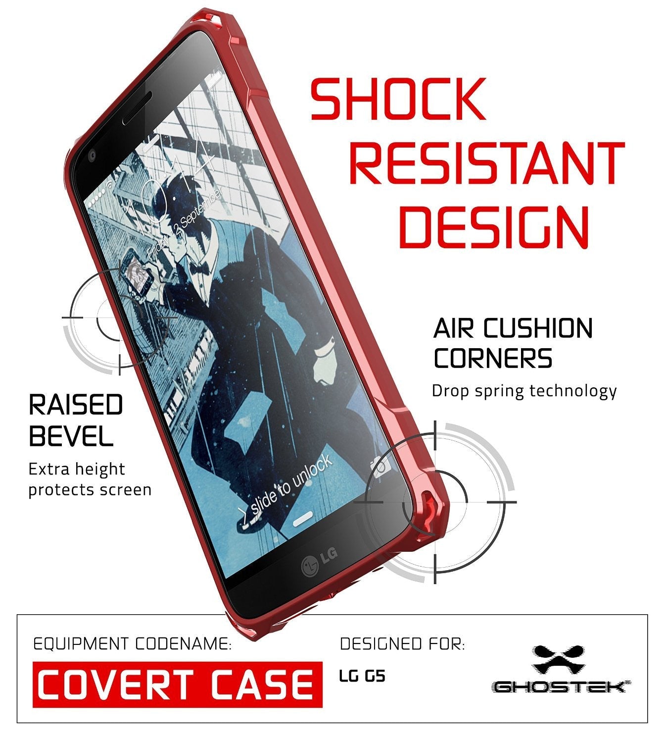 LG G5 Case, Ghostek® Red Covert Premium Slim Hybrid Protective Cover | Lifetime Warranty Exchange (Color in image: Clear)