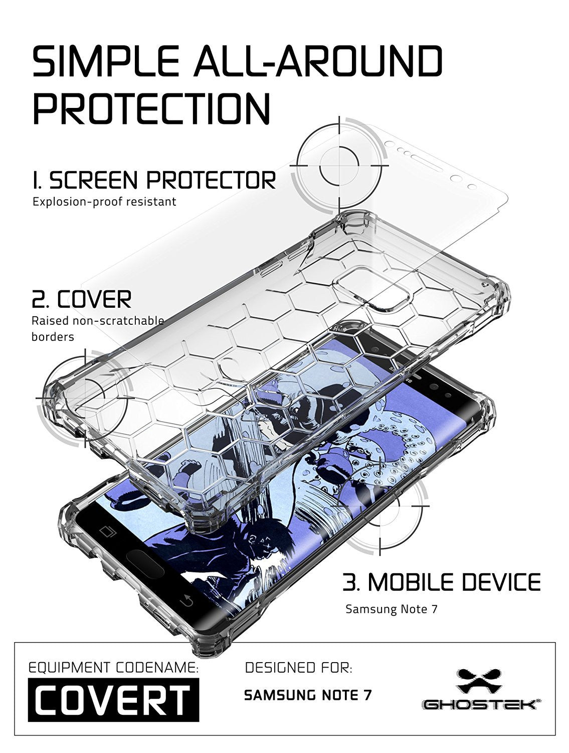 Note 7 Case, Ghostek® Covert Series Clear | Premium Impact Slim Hybrid Cover w/ Screen Protector (Color in image: Rose Pink)