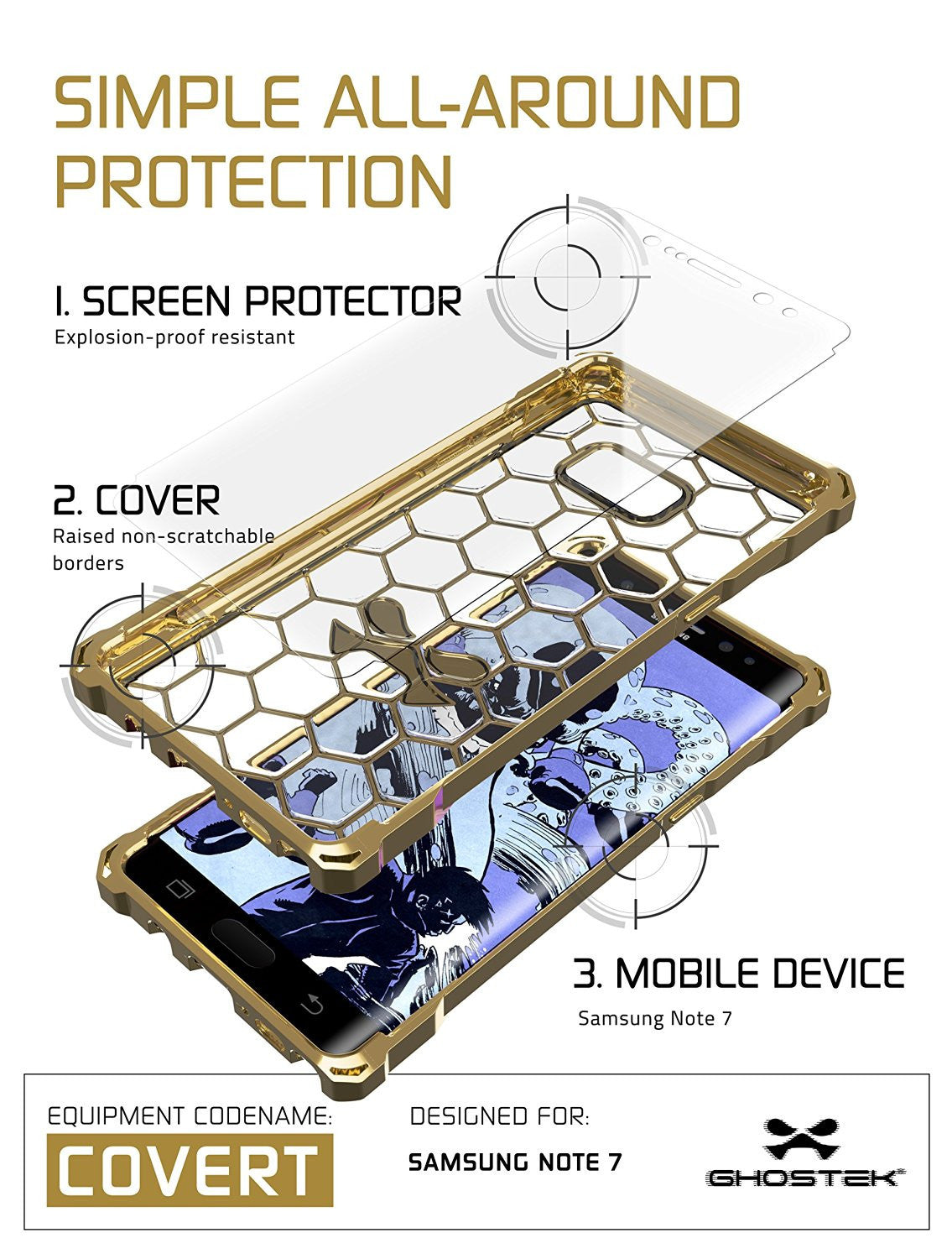 Note 7 Case, Ghostek® Covert Series Gold w/ Explosion-Proof Screen Protector | Ultra Fit (Color in image: Grey)