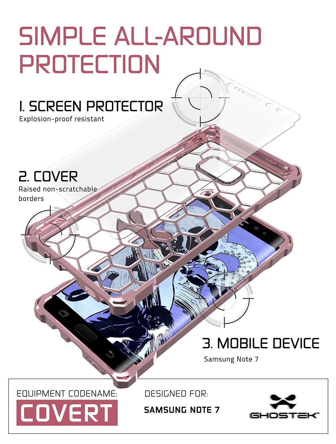 Note 7 Case, Ghostek® Covert Series Peach  w/ Explosion-Proof Screen Protector | Ultra Fit (Color in image: Clear)