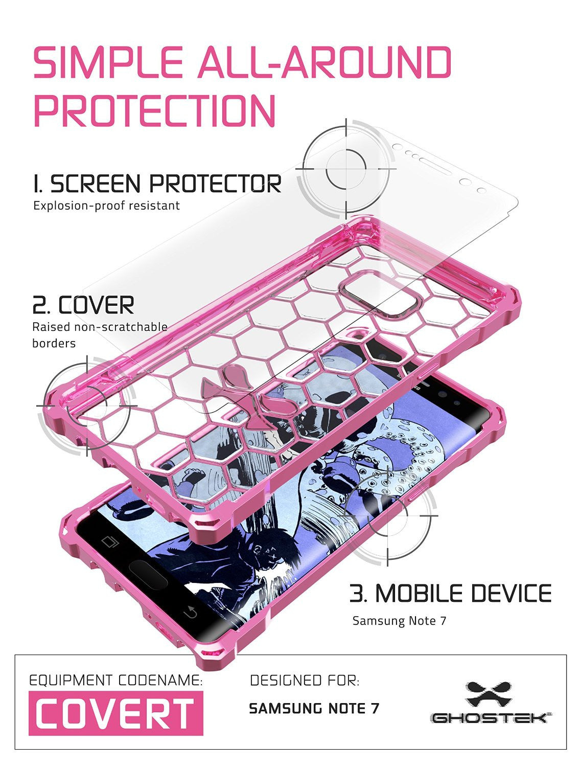 Note 7 Case, Ghostek® Covert Series Rose Pink w/ Explosion-Proof Screen Protector | Ultra Fit (Color in image: Grey)