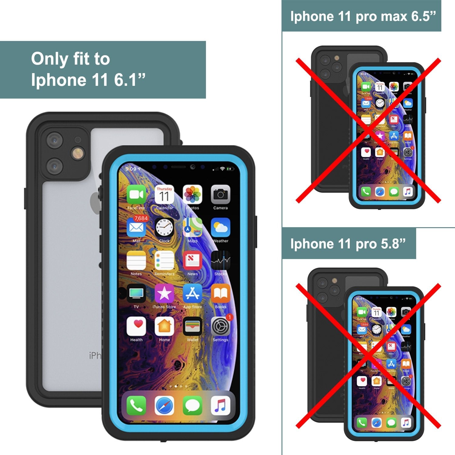 iPhone 11 Waterproof Case, Punkcase [Extreme Series] Armor Cover W/ Built In Screen Protector [Light Blue] (Color in image: Red)