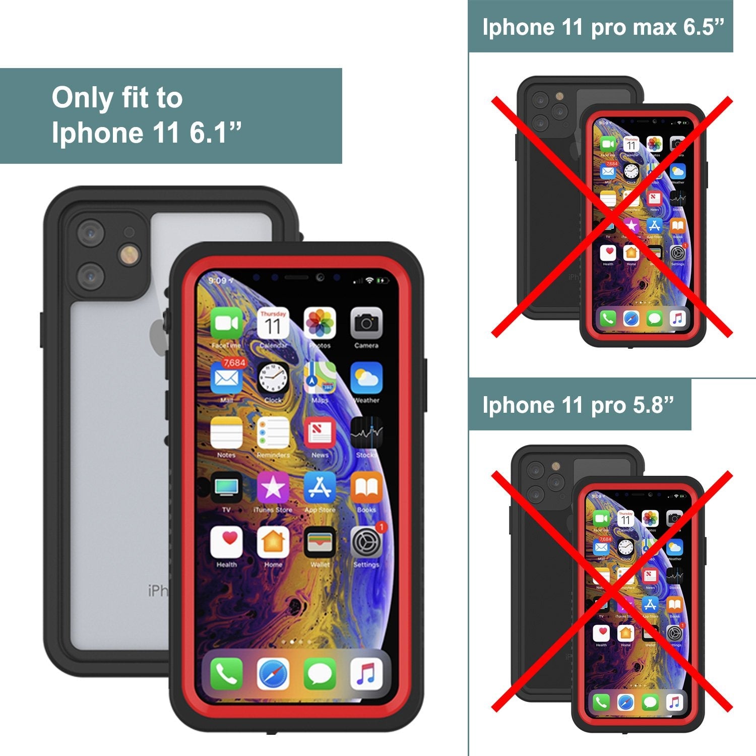 iPhone 11 Waterproof Case, Punkcase [Extreme Series] Armor Cover W/ Built In Screen Protector [Red] (Color in image: Teal)