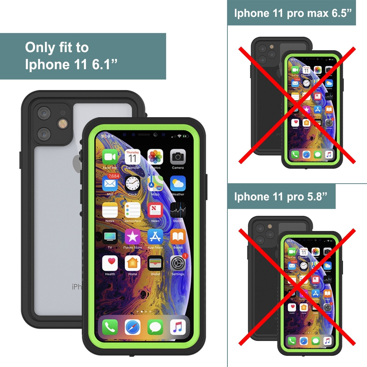 iPhone 11 Waterproof Case, Punkcase [Extreme Series] Armor Cover W/ Built In Screen Protector [Light Green] (Color in image: Red)