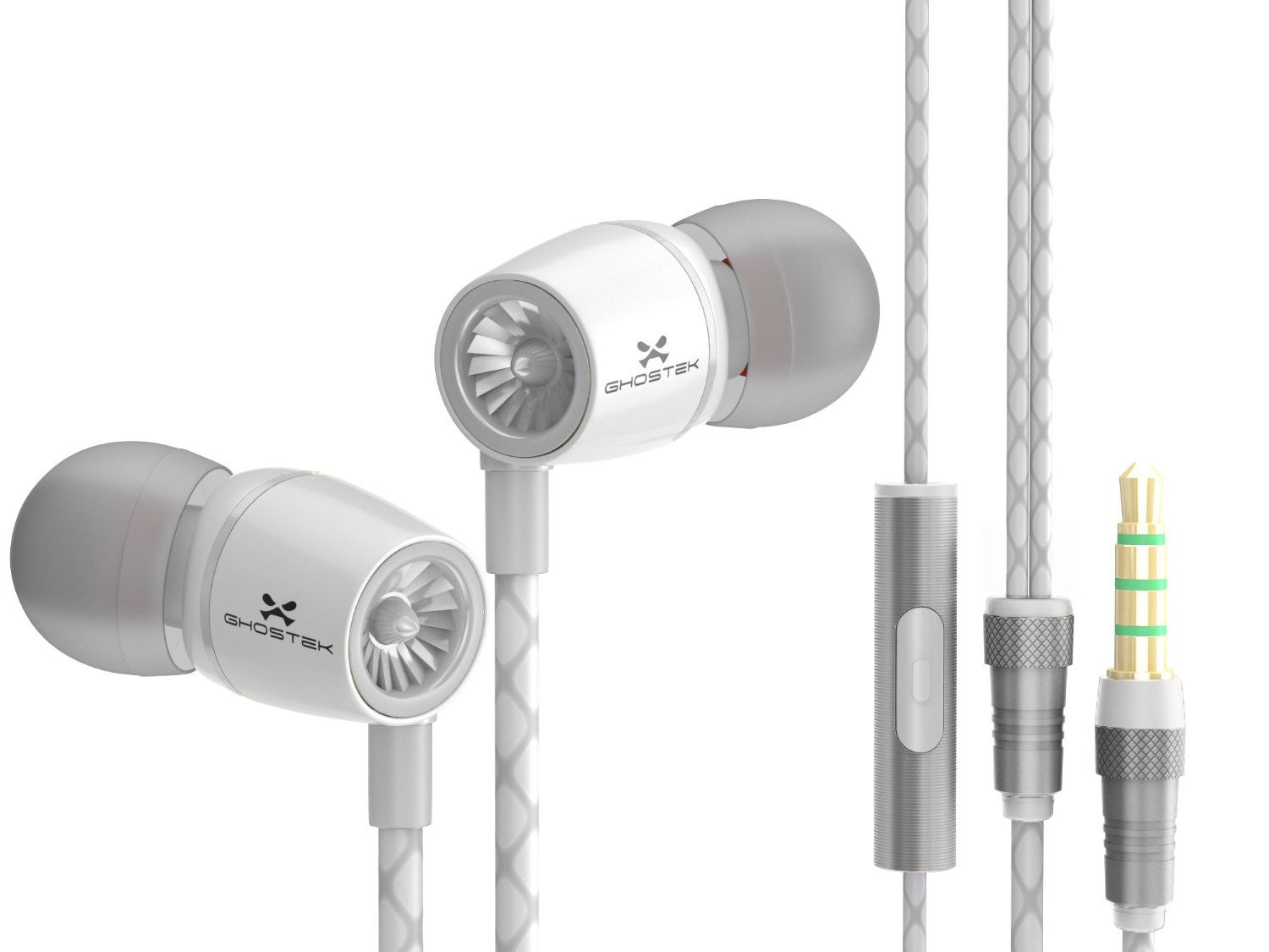 Fones de ouvido com fio de 3,5 mm, Ghostek® Turbine Série Branca Fones de ouvido com fio | Microfone embutido