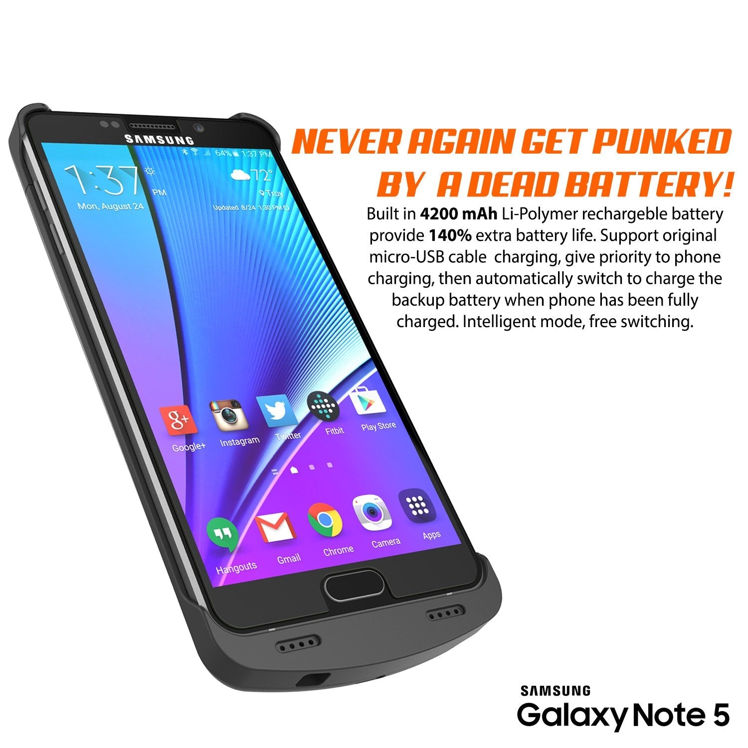 Galaxy Note 5 Battery Case, Punkcase 5000mAH Charger Case W/ Screen Protector | IntelSwitch [Black] 