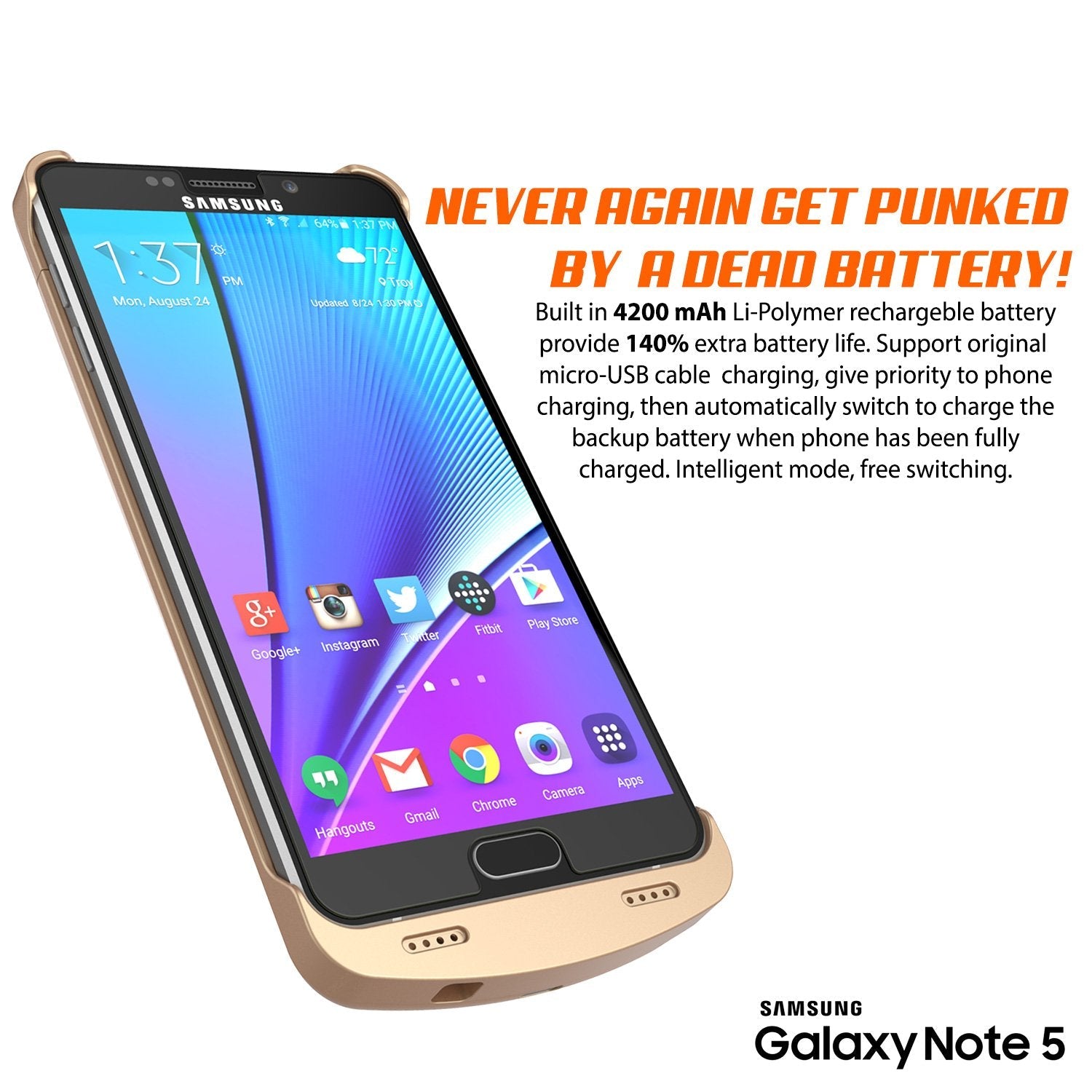 Galaxy Note 5 Battery Case, Punkcase 5000mAH Charger Case W/ Screen Protector | IntelSwitch [Gold] 