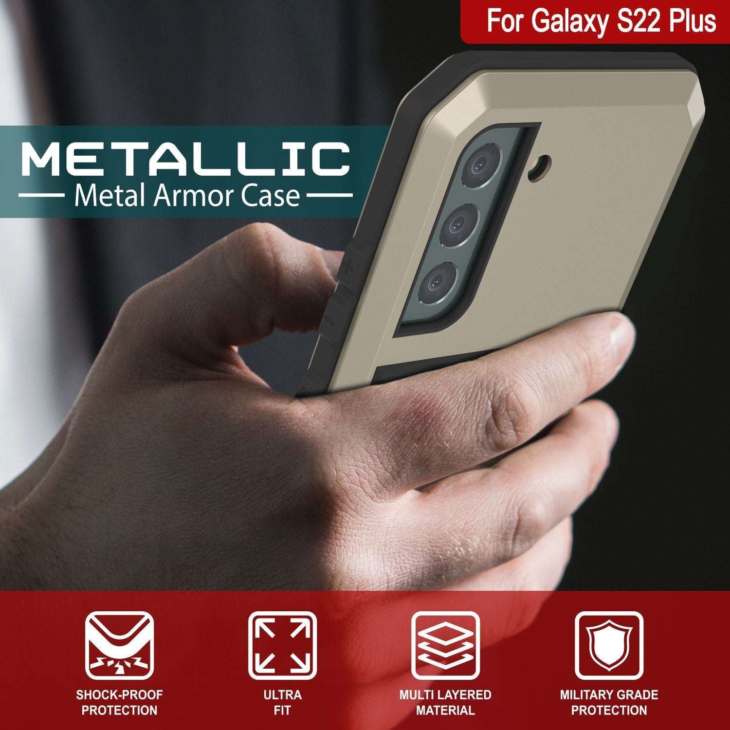 Galaxy S22+ Plus Metal Case, Heavy Duty Military Grade Rugged Armor Cover [Gold] (Color in image: White)