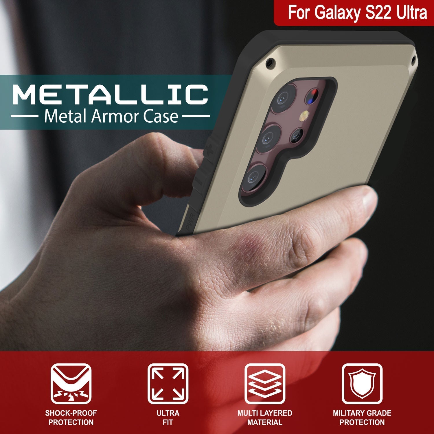 Galaxy S22 Ultra Metal Case, Heavy Duty Military Grade Rugged Armor Cover [Gold] (Color in image: White)
