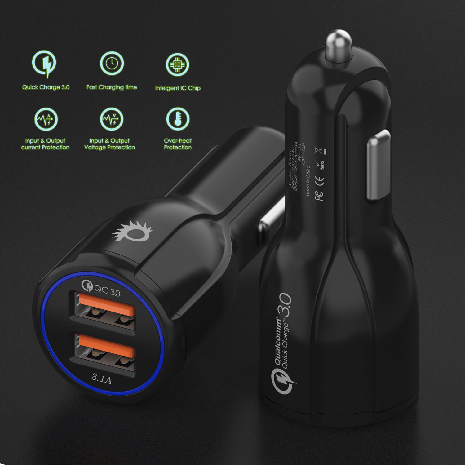 Ghostek® NRGcharge QuickCharge 2.0 Rapid High-speed Fast Wall Car Black Charger w/ Micro USB Cable