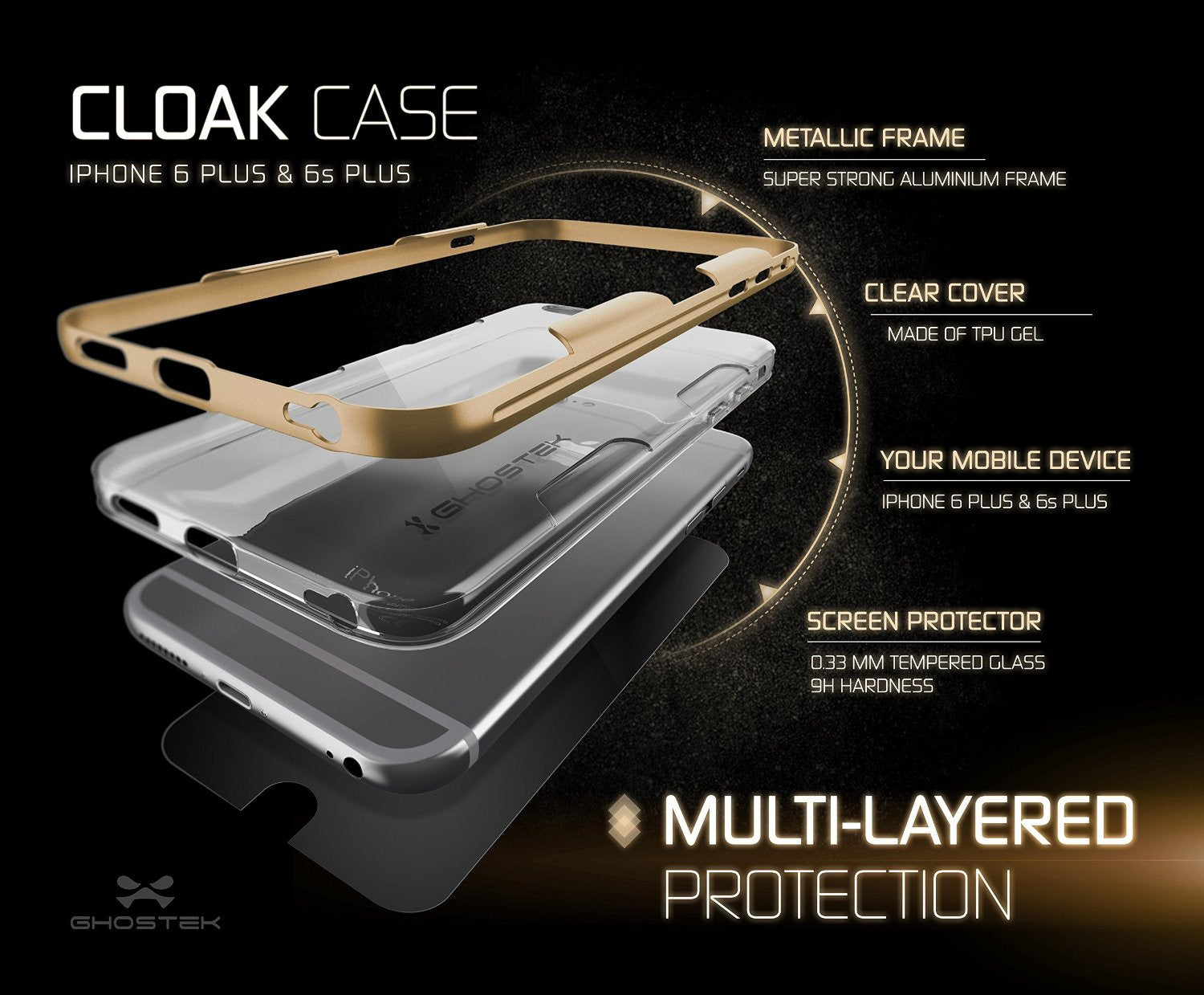 iPhone 6s Plus Case Gold Ghostek Cloak, Slim Protective Armor w/ Tempered Glass | Lifetime Warranty (Color in image: space grey)