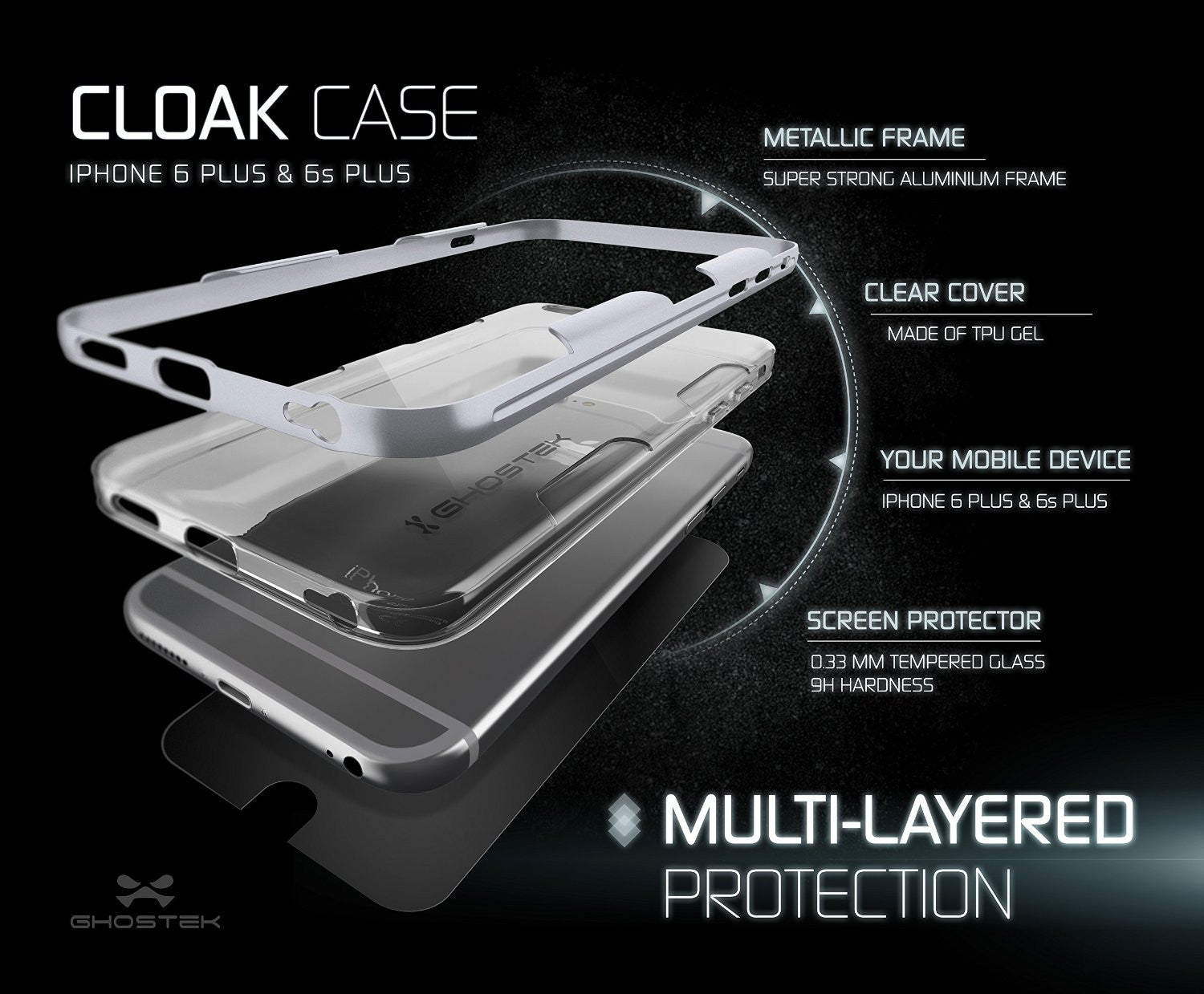 iPhone 6s Plus Case Silver Ghostek Cloak, Slim Protective w/ Tempered Glass | Lifetime Warranty (Color in image: space grey)