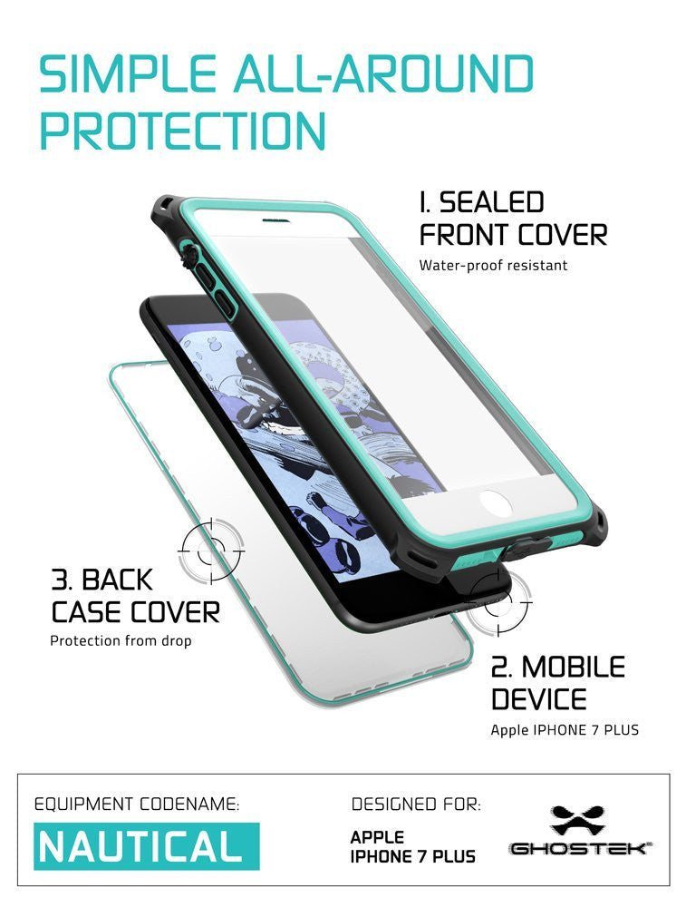 SIMPLE ALL-AROUND PROTECTION SEALED FRONT COVER Water-proof resistant 3. BACK CASE COVER Protection from drop 2. MOBILE DEVICE Apple IPHONE 7 PLUS EQUIPMENT CODENAME DESIGNED FOR es NAUTICAL ALE ays GHOSTS (Color in image: White)