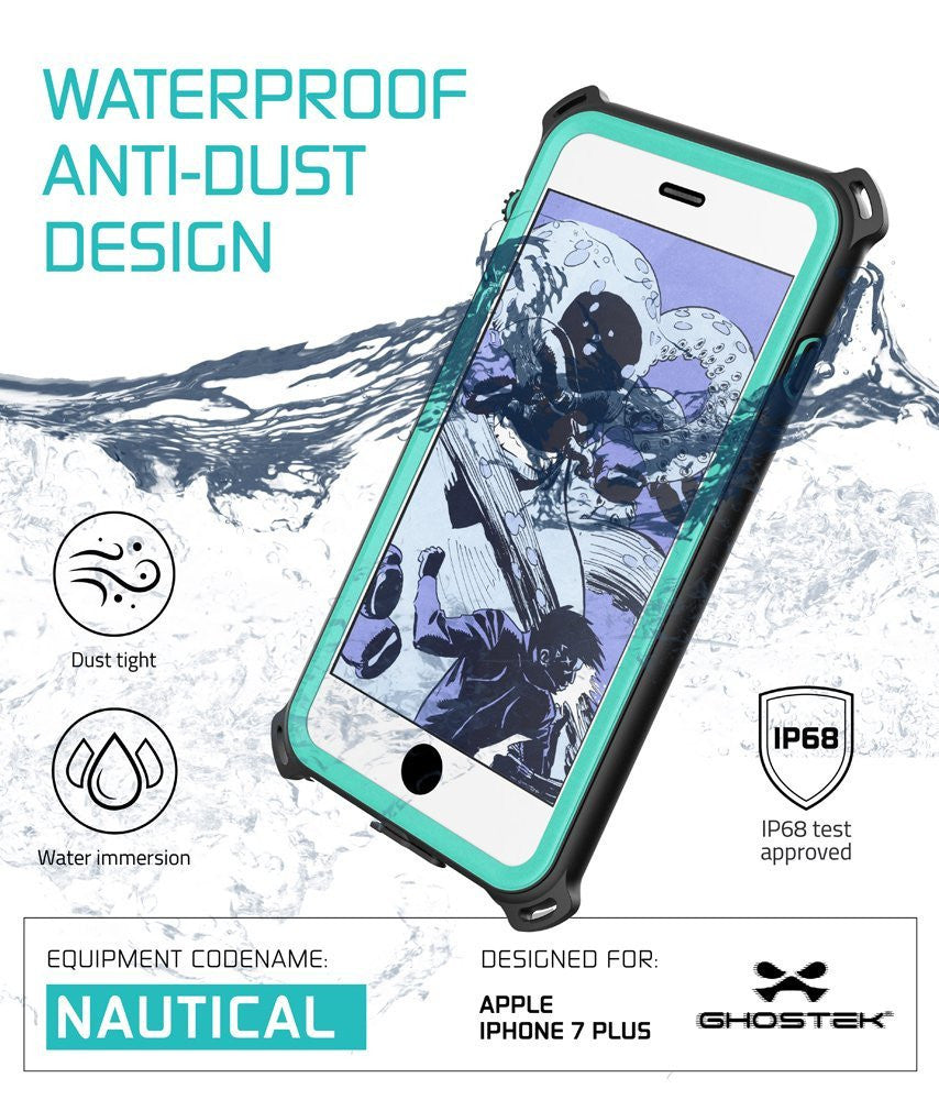 Dust tight (Oy IP68 Certified test Water immersion approved EQUIPMENT COUENAME: DESIGNED FOR esa Al f A APPLE v NE GHOSTS IPHONE 7 PLUS