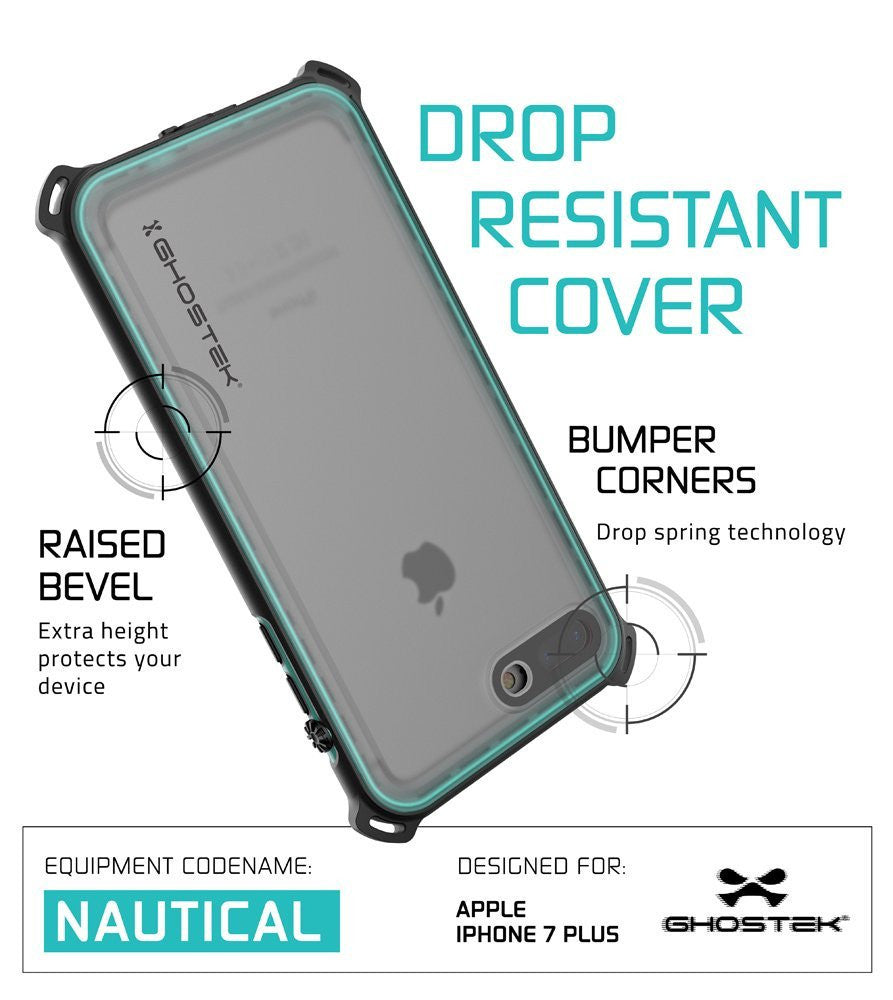 DROP RESISTANT COVER BUMPER CORNERS Drop spring technology RAISED BEVEL Extra height protects your device EQUIPMENT CODENAME: DESIGNED FOR es RS TTANITR SETA e VACa: NAUTICAL PHONE 7 PLUS SHOSTEH