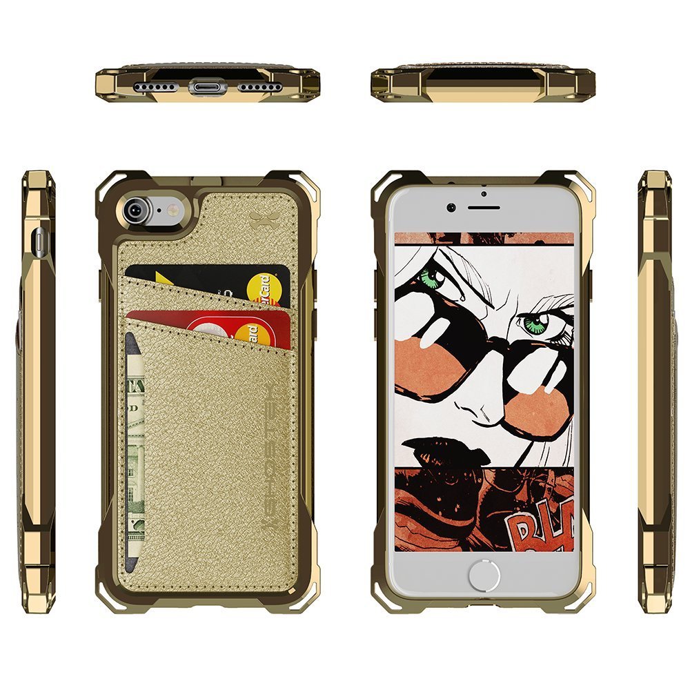 iPhone 8+Plus Wallet Case, Ghostek Exec Gold Series | Slim Armor Hybrid Impact Bumper | TPU PU Leather Credit Card Slot Holder Sleeve Cover (Color in image: Red)