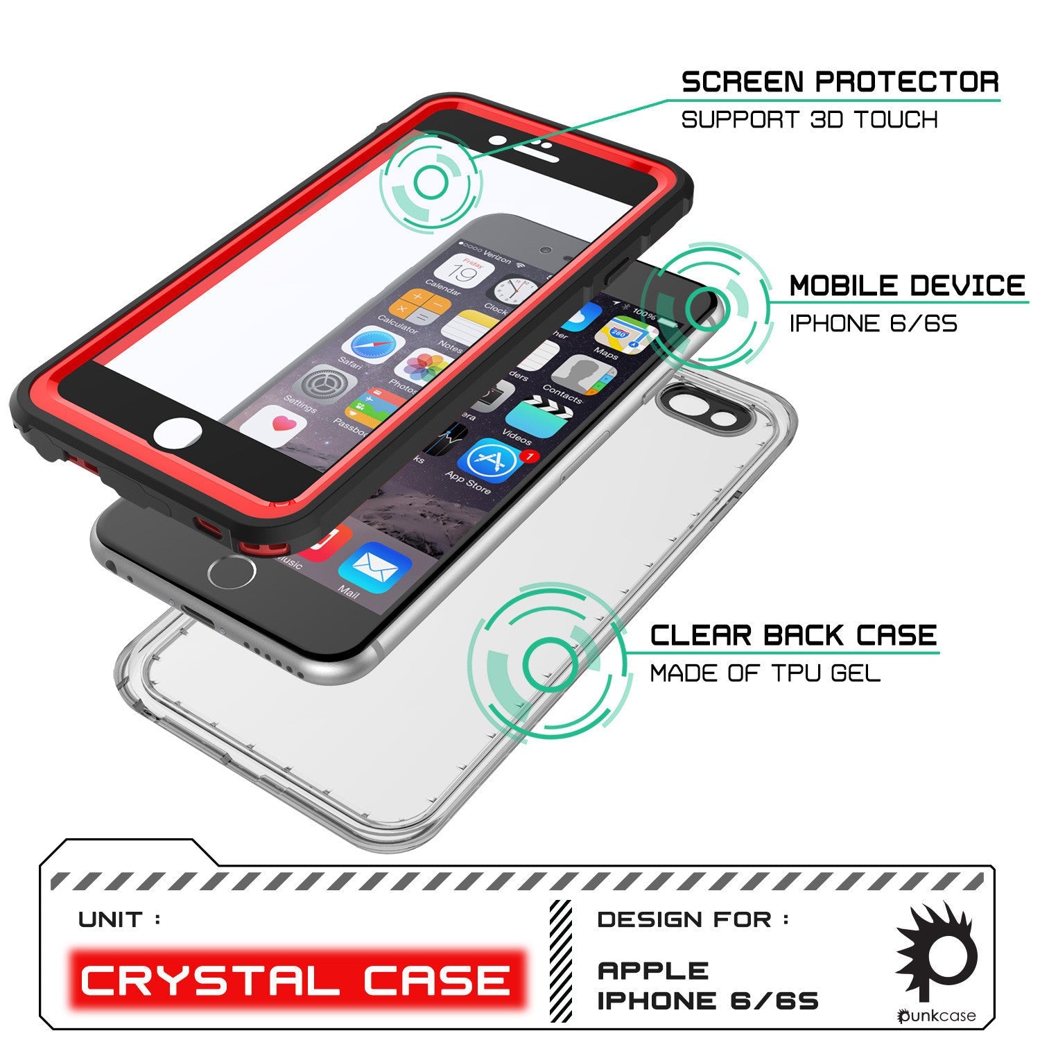 iPhone 6+/6S+ Plus Waterproof Case, PUNKcase CRYSTAL Red W/ Attached Screen Protector | Warranty (Color in image: pink)