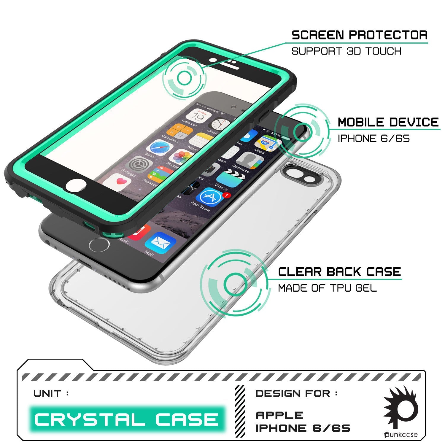 iPhone 6/6S Waterproof Case, PUNKcase CRYSTAL Teal W/ Attached Screen Protector  | Warranty (Color in image: pink)