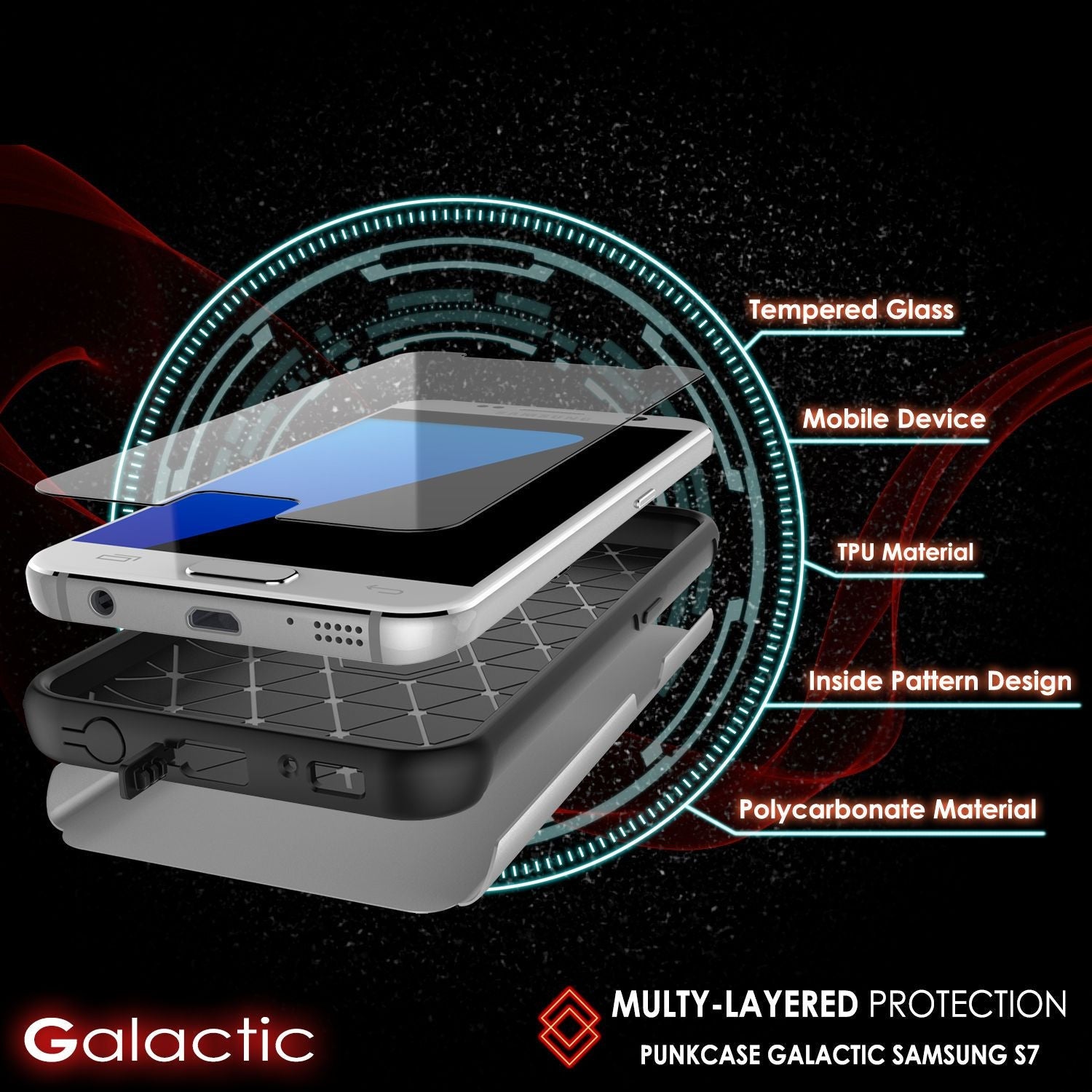 Galaxy s7 Case PunkCase Galactic Silver Slim Protective Armor Soft Cover Case w/ Tempered Glass (Color in image: black)