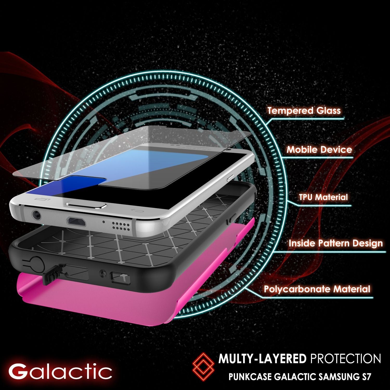 Galaxy s7 Case PunkCase Galactic Pink Series Slim Protective Armor Soft Cover Case w/ Tempered Glass (Color in image: gold)