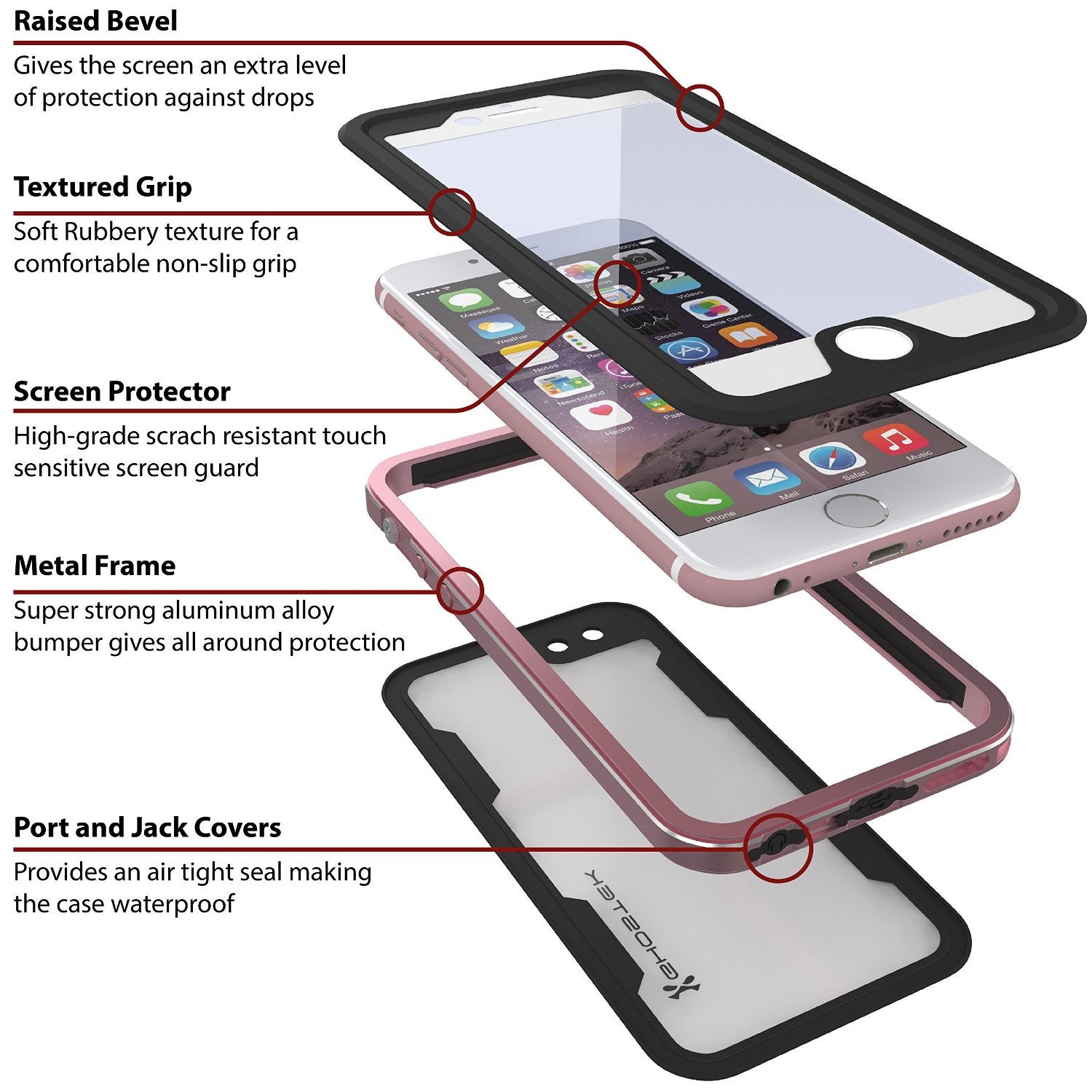 iPhone 6S+/6+ Plus Waterproof Case Ghostek Atomic 2.0 Pink w/ Attached Screen Protector (Color in image: gold)
