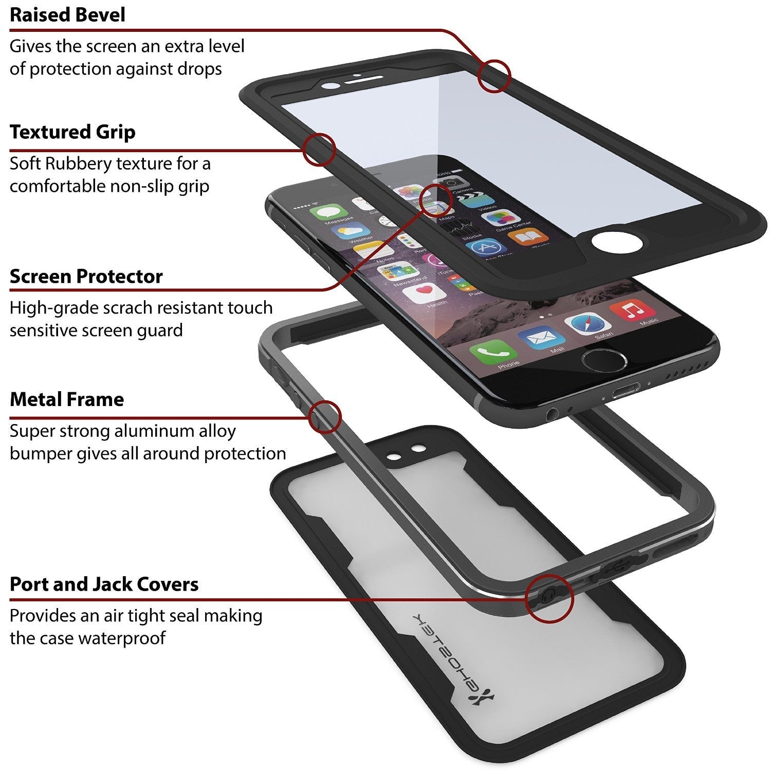 iPhone 6/6S Waterproof Case, Ghostek Atomic 2.0 Space Gray W/ Attached Screen Protector | Slim Fit (Color in image: gold)