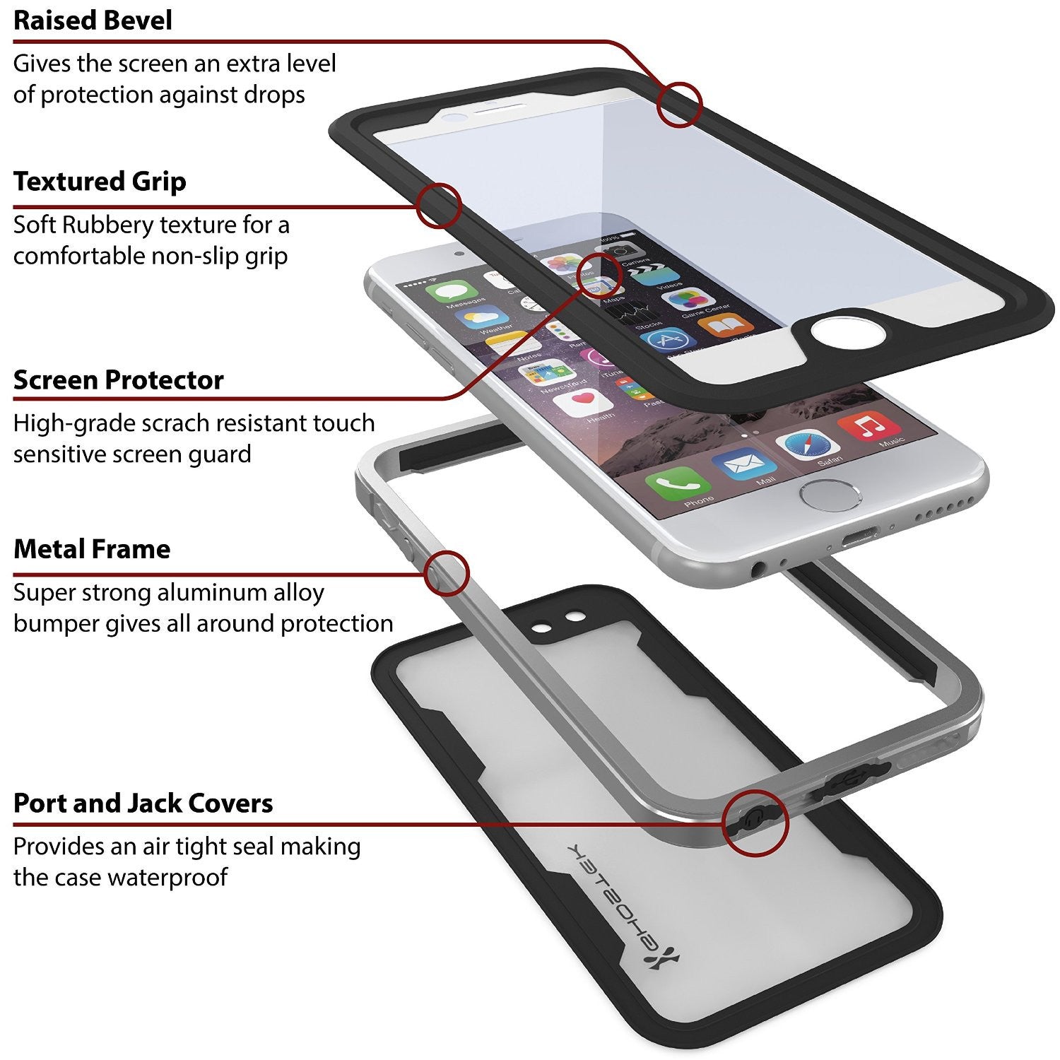iPhone 6S+/6+ Plus Waterproof Case Ghostek Atomic 2.0 Silver w/ Attached Screen Protector | Slim (Color in image: space gray)