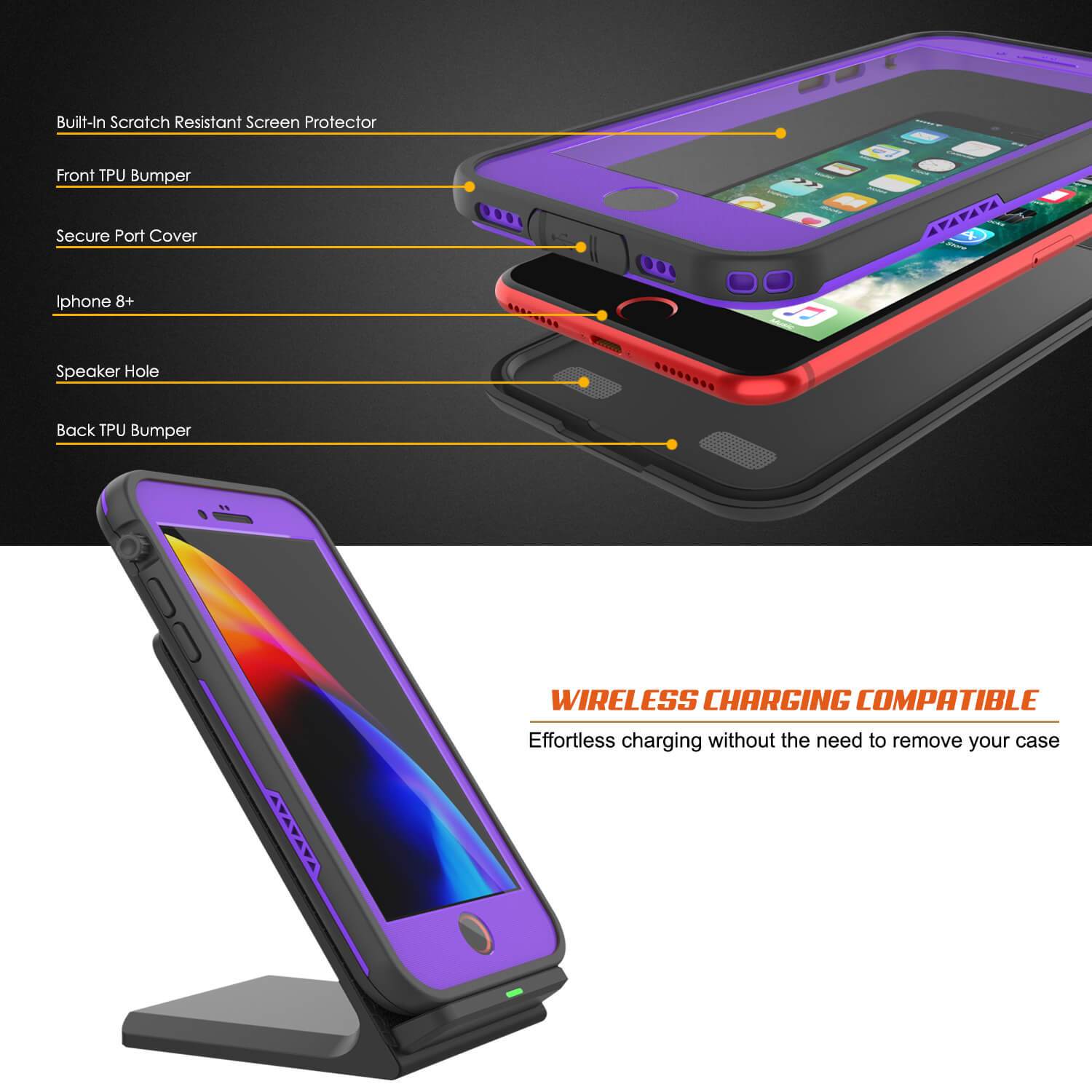 iPhone 8+ Plus Waterproof Case, Punkcase SpikeStar Purple Series | Thin Fit 6.6ft Underwater IP68 (Color in image: pink)