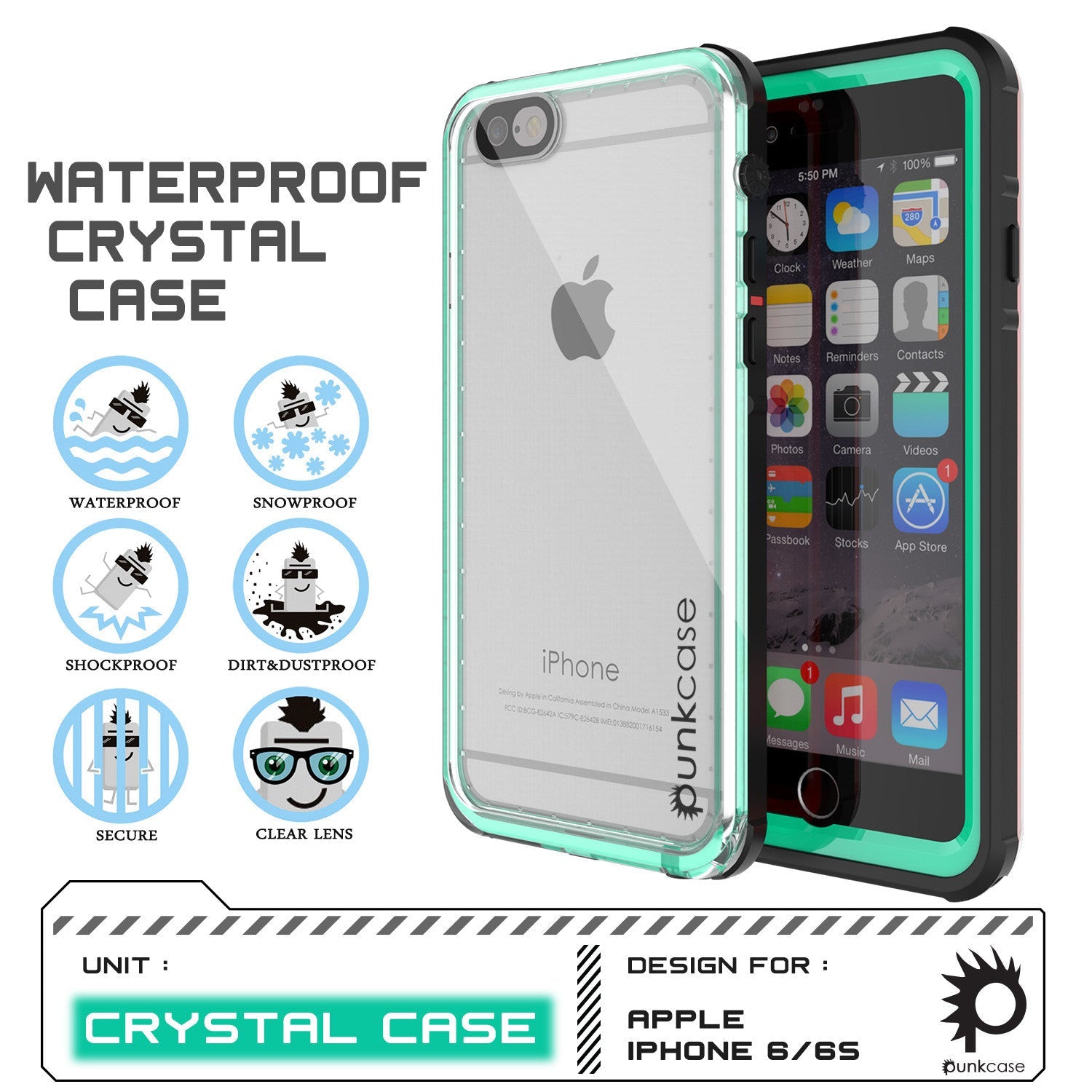 iPhone 6/6S Waterproof Case, PUNKcase CRYSTAL Teal W/ Attached Screen Protector  | Warranty (Color in image: white)