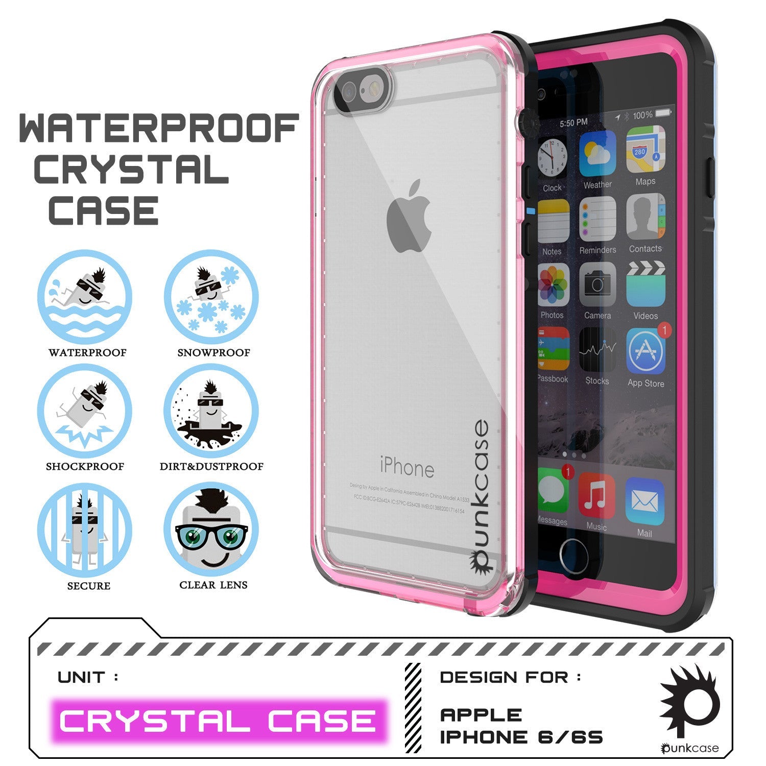 iPhone 6/6S Waterproof Case, PUNKcase CRYSTAL Pink W/ Attached Screen Protector  | Warranty (Color in image: white)