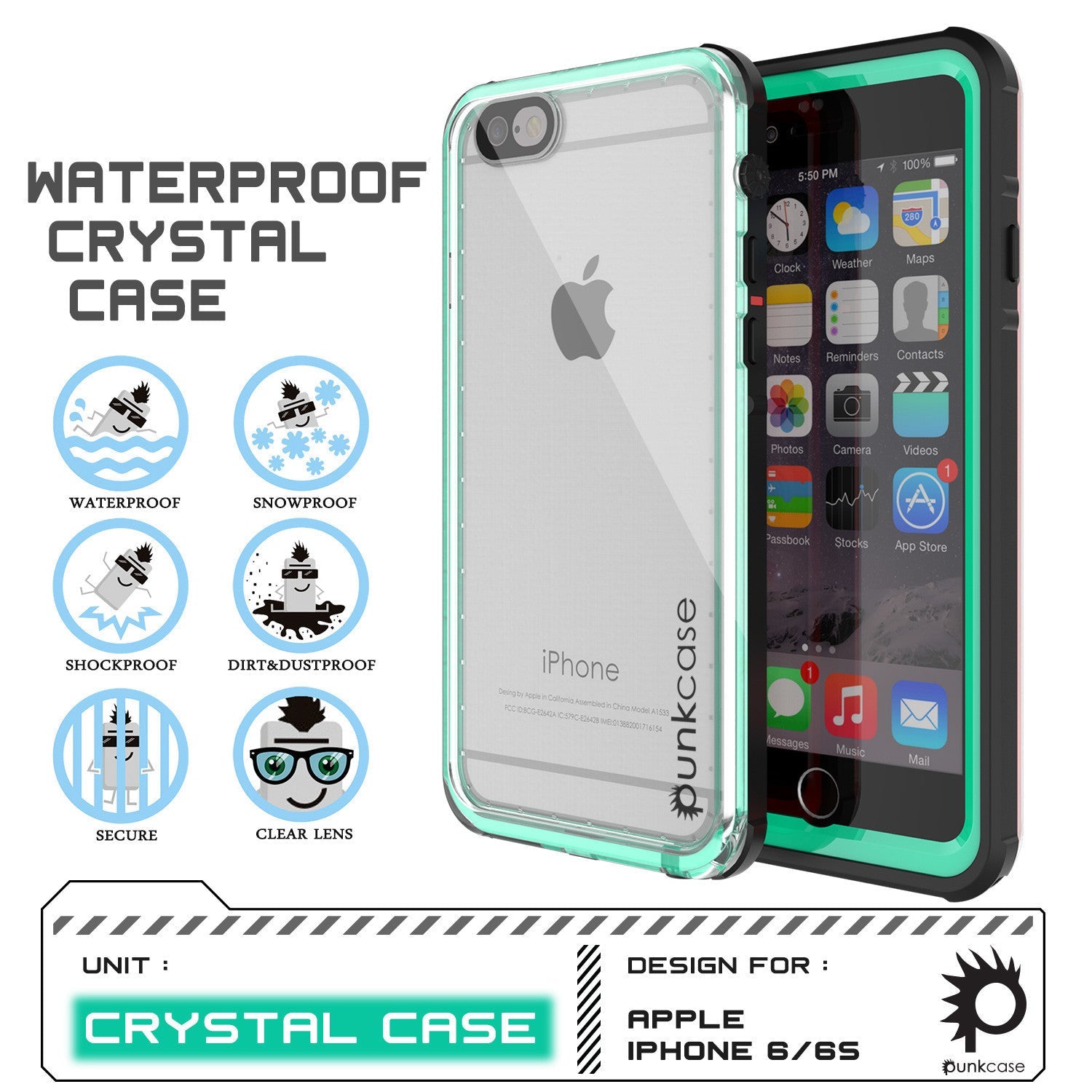 iPhone 6+/6S+ Plus Waterproof Case, PUNKcase CRYSTAL Teal W/ Attached Screen Protector | Warranty (Color in image: white)