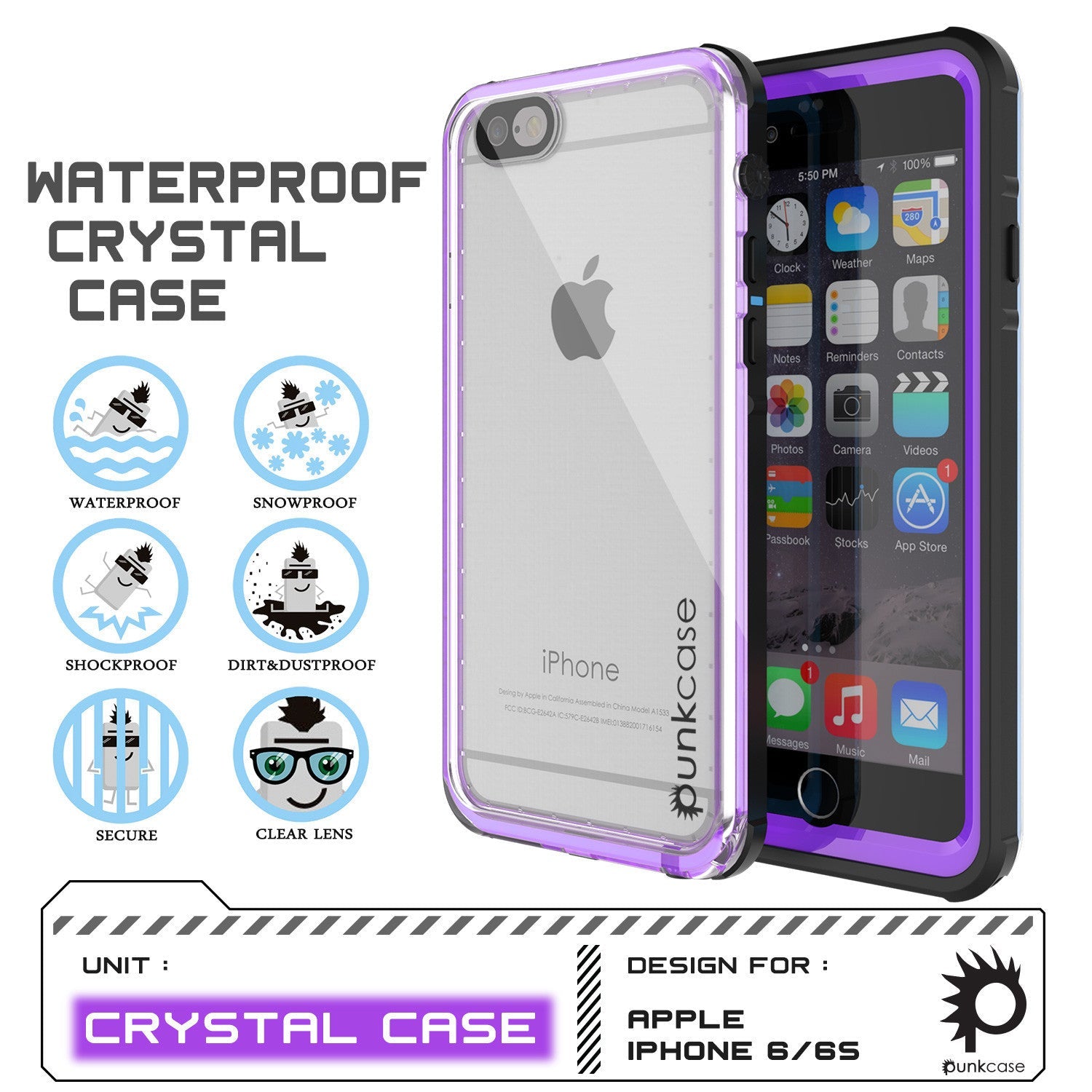 iPhone 6+/6S+ Plus Waterproof Case, PUNKcase CRYSTAL Purple W/ Attached Screen Protector | Warranty (Color in image: white)