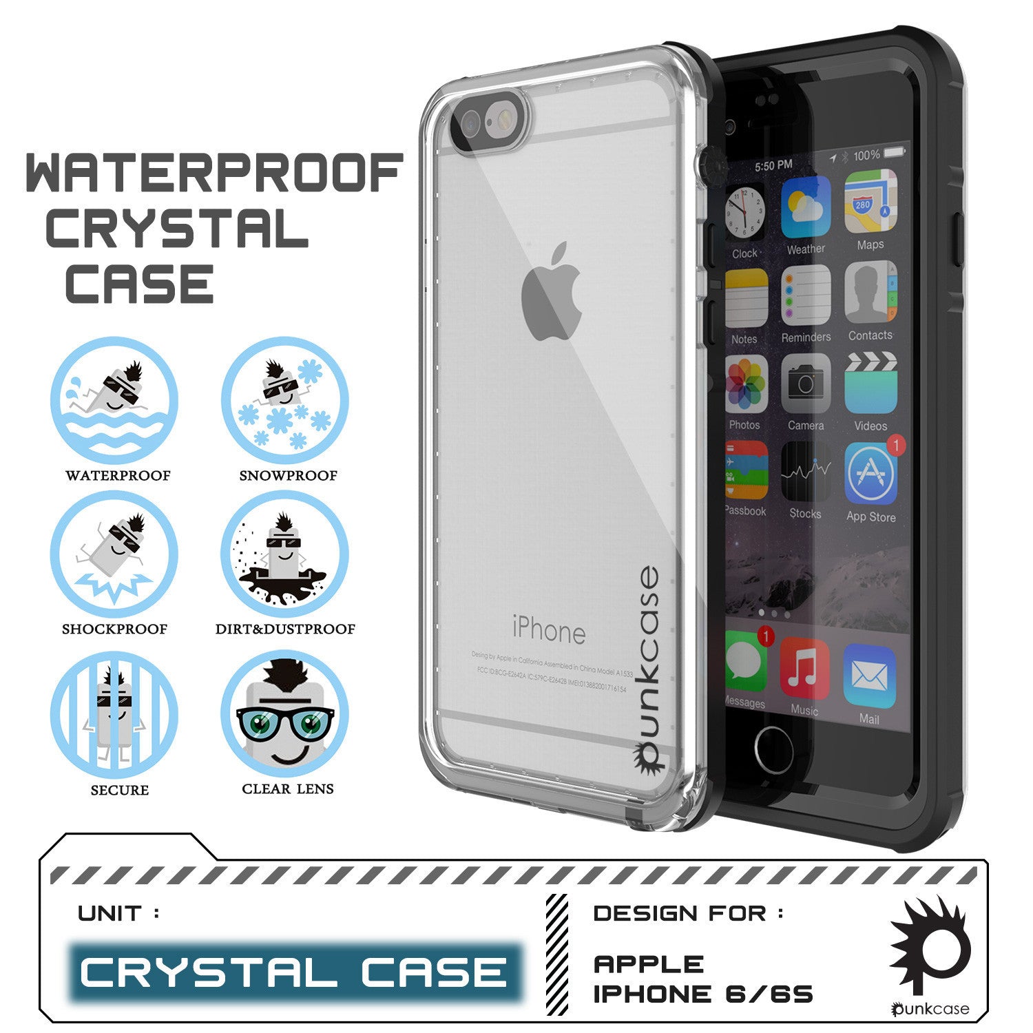 iPhone 6+/6S+ Plus Waterproof Case, PUNKcase CRYSTAL Black W/ Attached Screen Protector | Warranty (Color in image: pink)