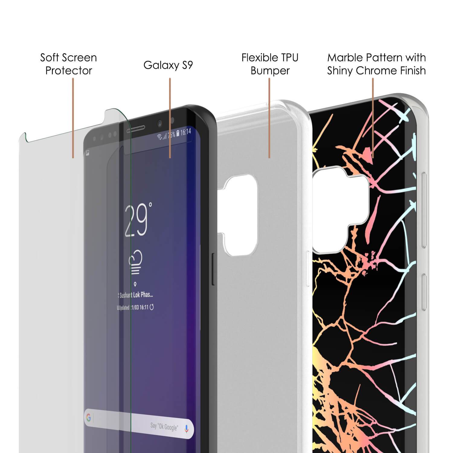 Punkcase Galaxy S9 Marble Case, Protective Full Body Cover W/PunkShield Screen Protector (Black Mirage) (Color in image: Blue Marmo)