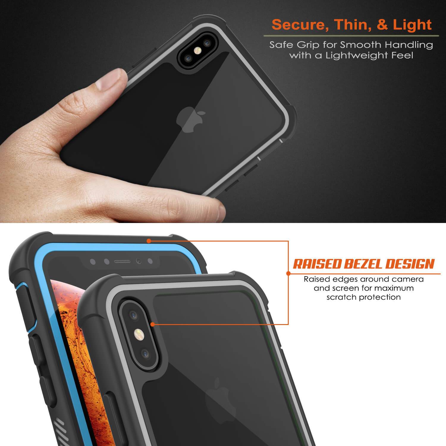 PunkCase iPhone XS Max Case, [Spartan Series] Clear Rugged Heavy Duty Cover W/Built in Screen Protector [Light-Blue] (Color in image: white)