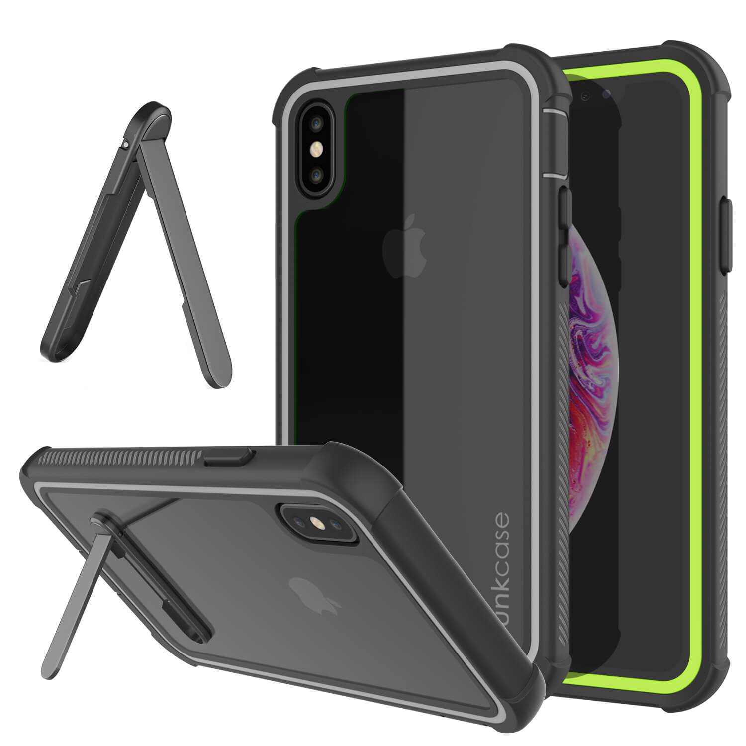 Capa PunkCase para iPhone XS Max, Série Espartana, Resistente, Transparente, com Protetor de Tela Embutido, Verde-Limão.
