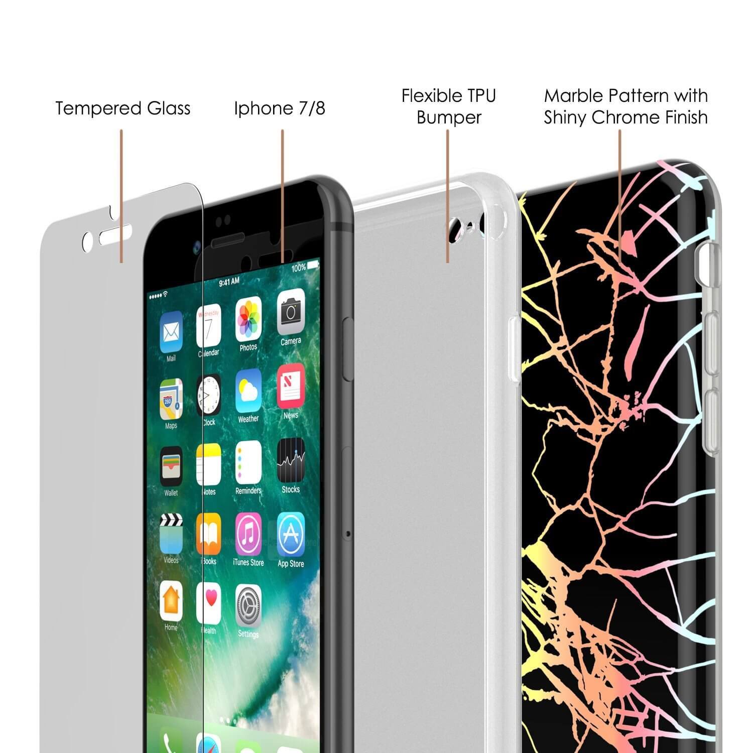 Punkcase iPhone 8 / 7 Marble Case, Protective Full Body Cover W/9H Tempered Glass Screen Protector (Black Mirage) (Color in image: Blue Marmo)