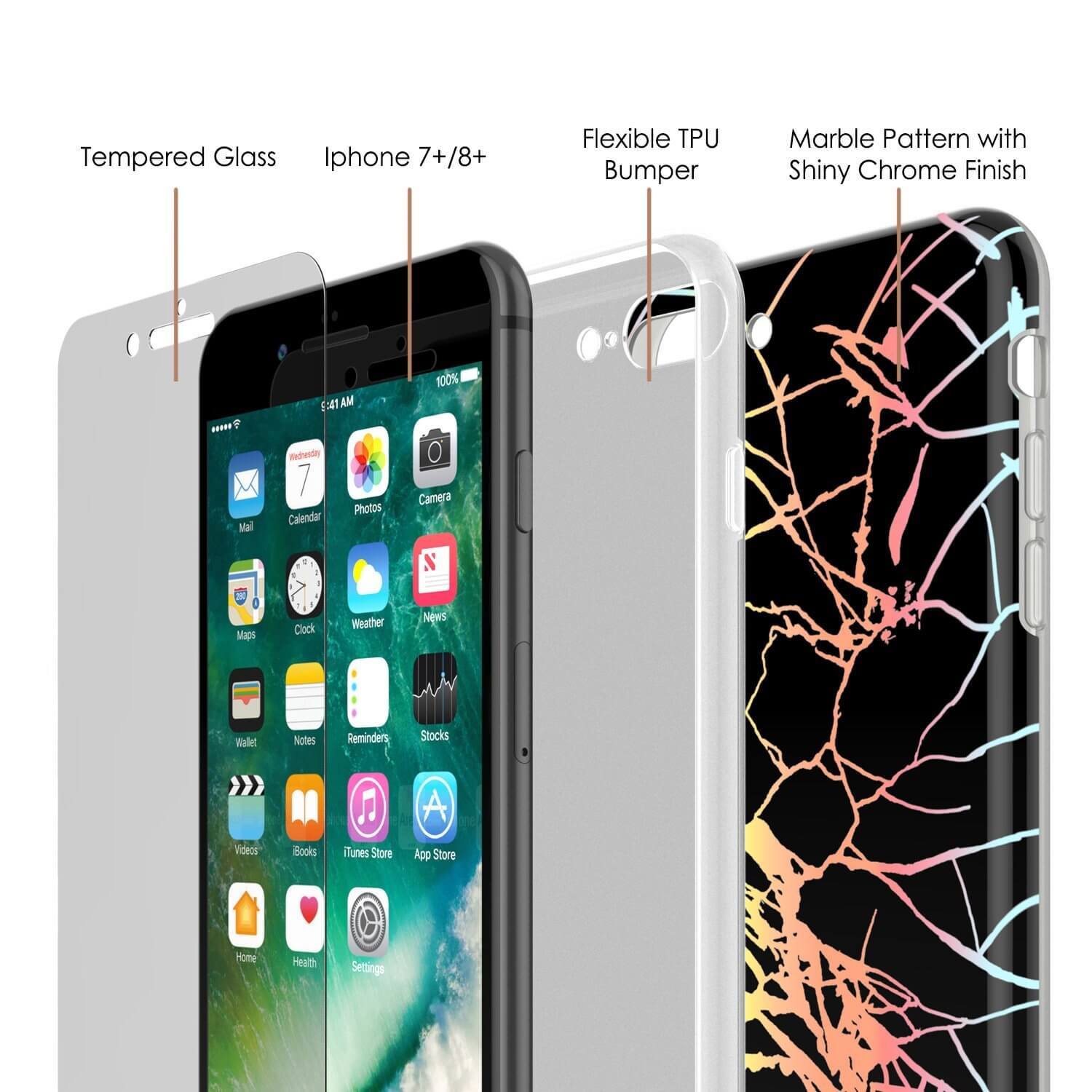 Punkcase iPhone 8+ / 7+ Plus Marble Case, Protective Full Body Cover W/9H Tempered Glass Screen Protector (Black Mirage) (Color in image: Blue Marmo)